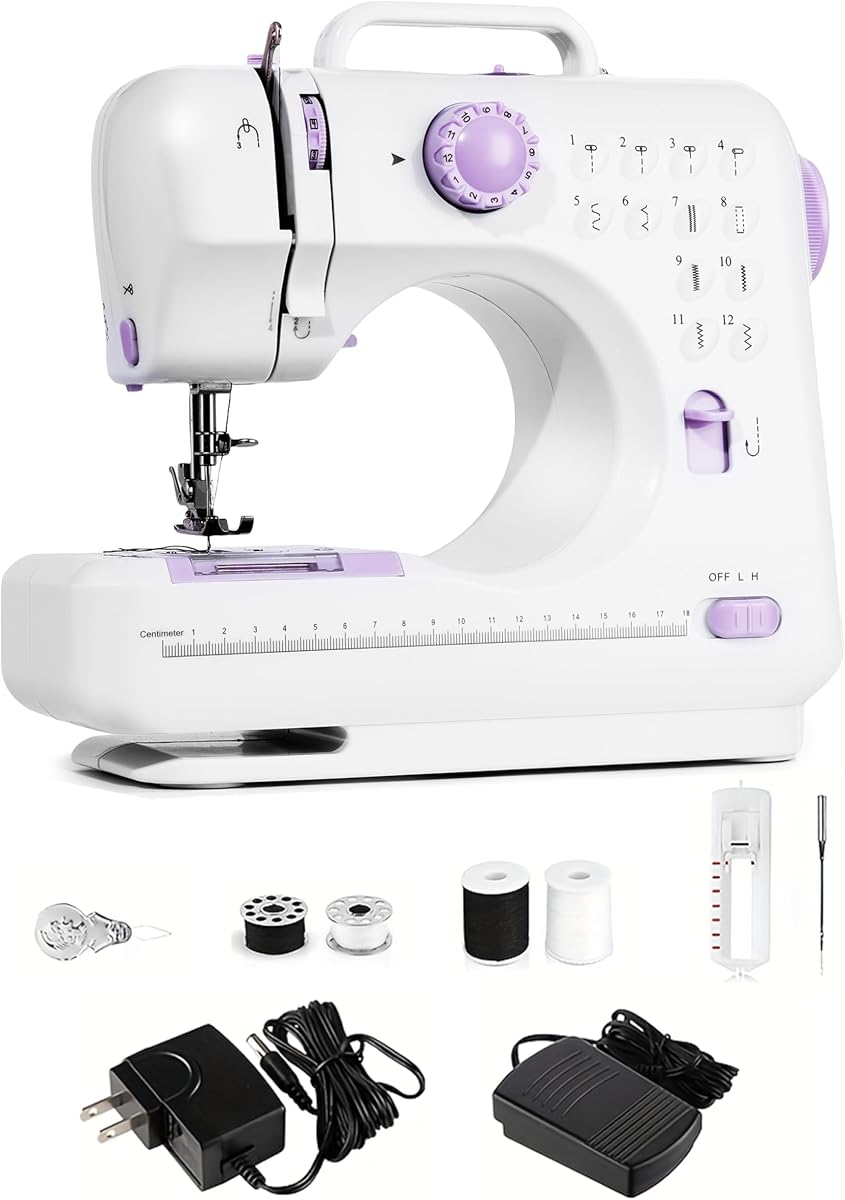 Portable Sewing Machine for Beginners,Maquina de Coser,Purple | 12 Stitches,2 Speeds, Foot Pedal, Dual Power, Mini Electric