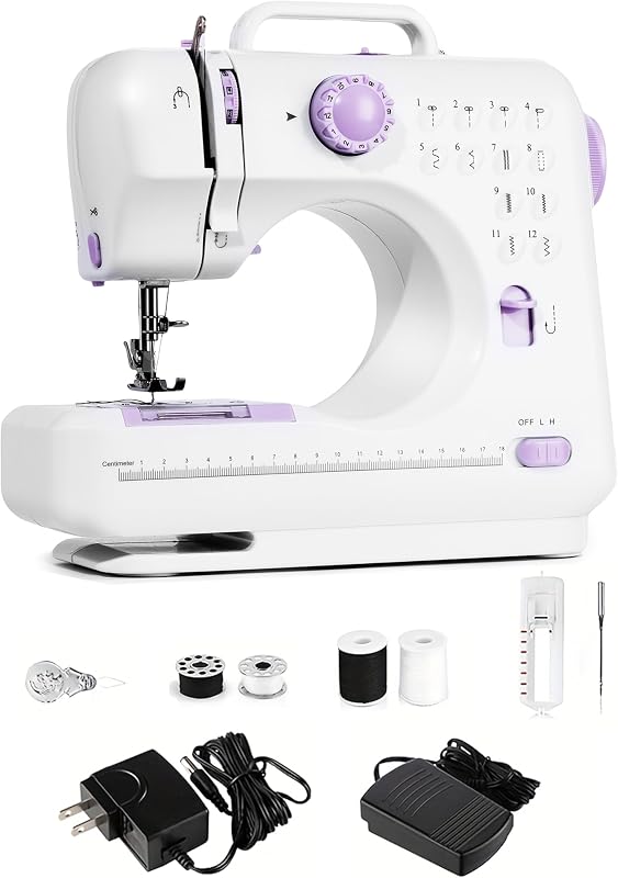 Portable Sewing Machine for Beginners,Maquina de Coser,Purple | 12 Stitches,2 Speeds, Foot Pedal, Dual Power, Mini Electric
