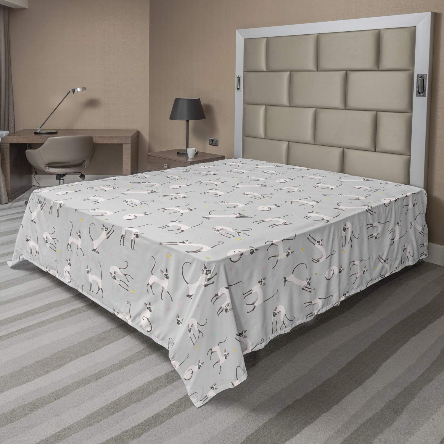 Ambesonne Grey Flat Sheet, Siamese Cat on Wall Design Playing and Posing Feline Kitty Design, Soft Comfortable Top Sheet Decorative Bedding 1 Piece, Queen Size, Pale Grey