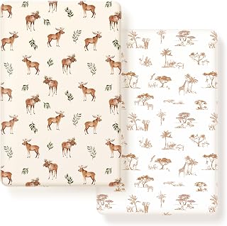 GRSSDER Stretchy Ultra Soft Jersey Knit Pack and Play Sheets 2 Pack, Portable/Mini Crib Sheets Universal Fitted for Playpen Mattress Safe and Snug, Cute Elk Animals Print