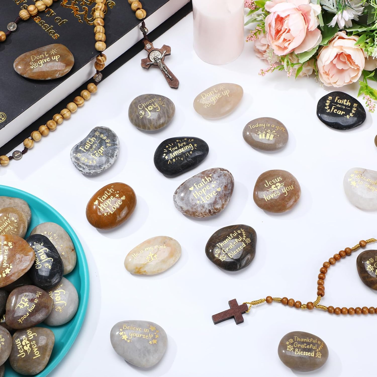 60 Pcs Inspirational Stones with 10 Different Words on Them Motivational Stones Bulk Encouragement Engraved Rocks Gifts Christian Religious Scripture Rocks for Coworkers Employee Appreciation