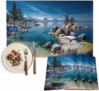 Placemats Set of 4, Nature Forest Woven Placemat, Linen Place Mats for Kitchen/Dining Tables, Blue Sky Mountain Stone Lake Landscape Washable Table Mats for Party