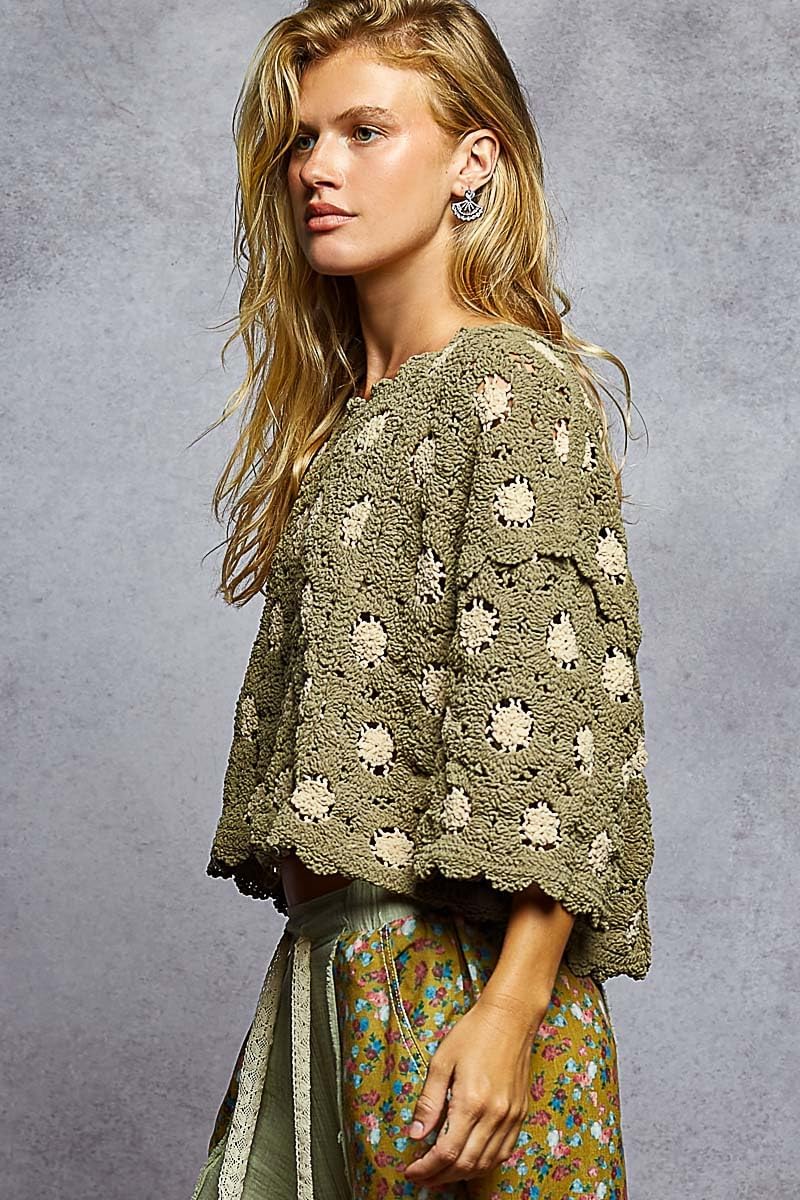 Pol Crochet Cropped Top, Olive Green with Floral Pattern, Round Neck, 3/4 Sleeve, Relaxed Fit