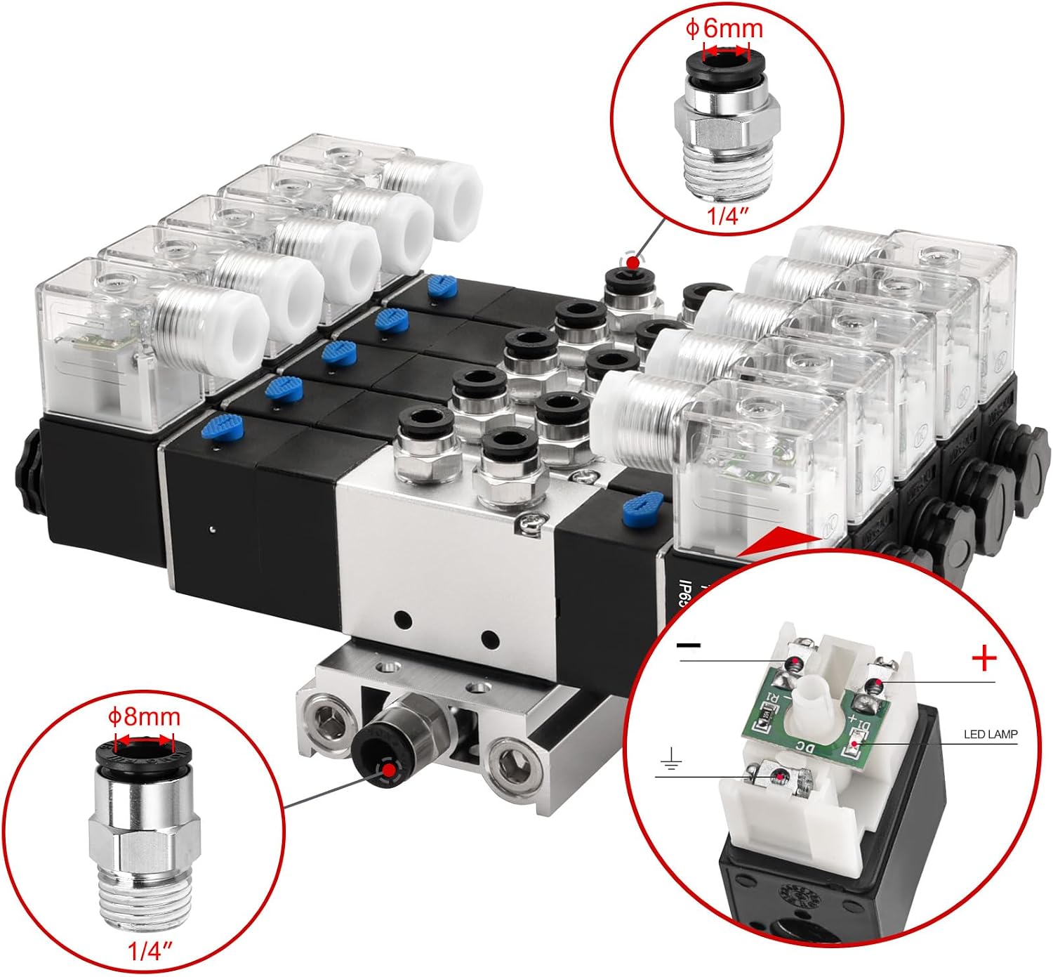 Heschen Electrical Pneumatic 5 Solenoid Valve, 4V230C-08, 24VDC, PT1/4, 5 Way 3 Position, Manifold Base, Muffler, Quick Fittings Set, CE