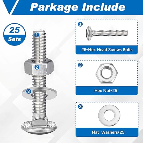 Miniatura 115 de Zonon Juego de 50 tornillos y tuercas de acero inoxidable de 1/4-20 x 3 pulgadas, cabeza redonda, cuello cuadrado, tornillos y tuercas hexagonales