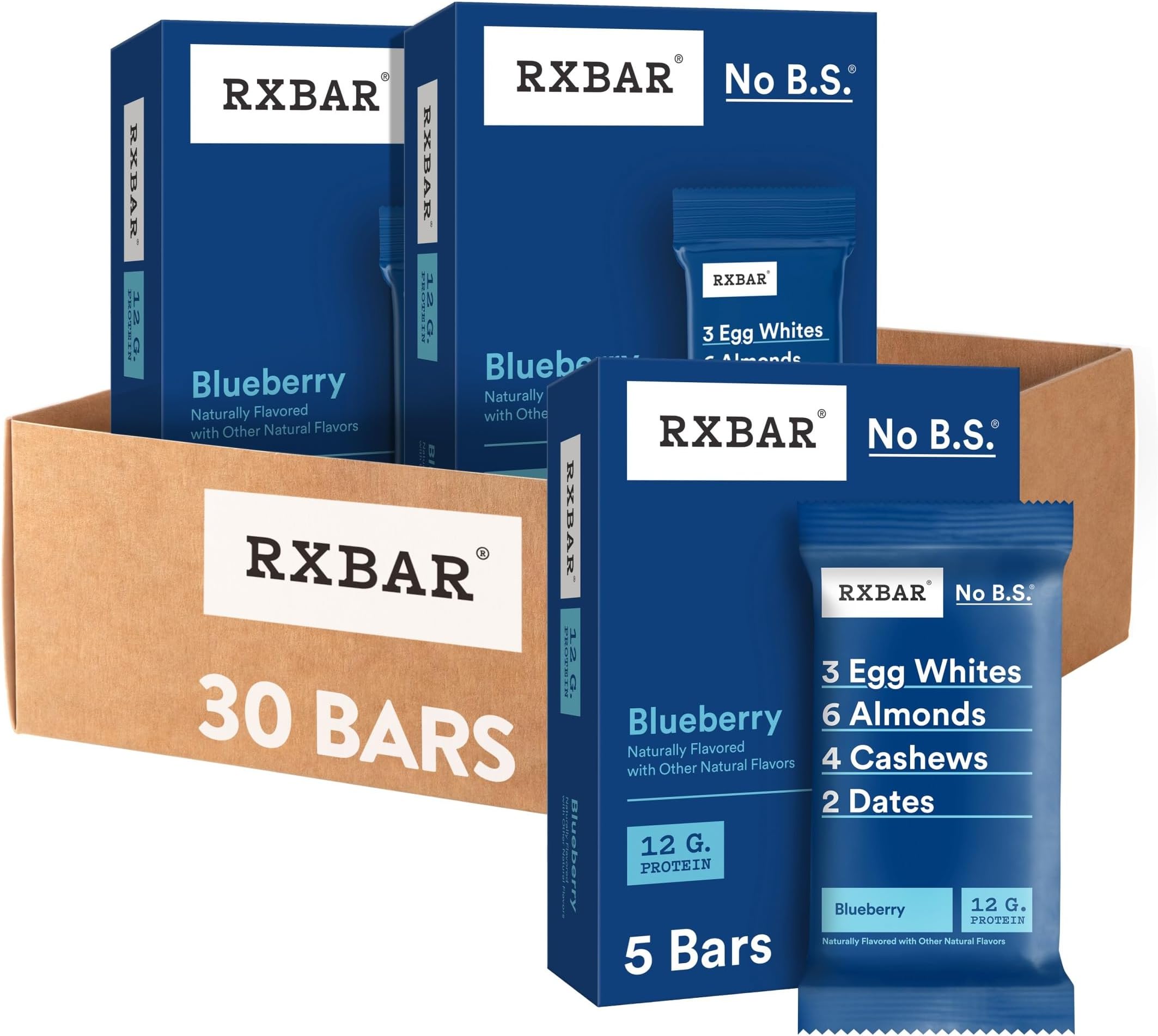 Protein Bars, 12g Protein, Gluten Free Snacks, Blueberry (6 Boxes, 30 Bars)