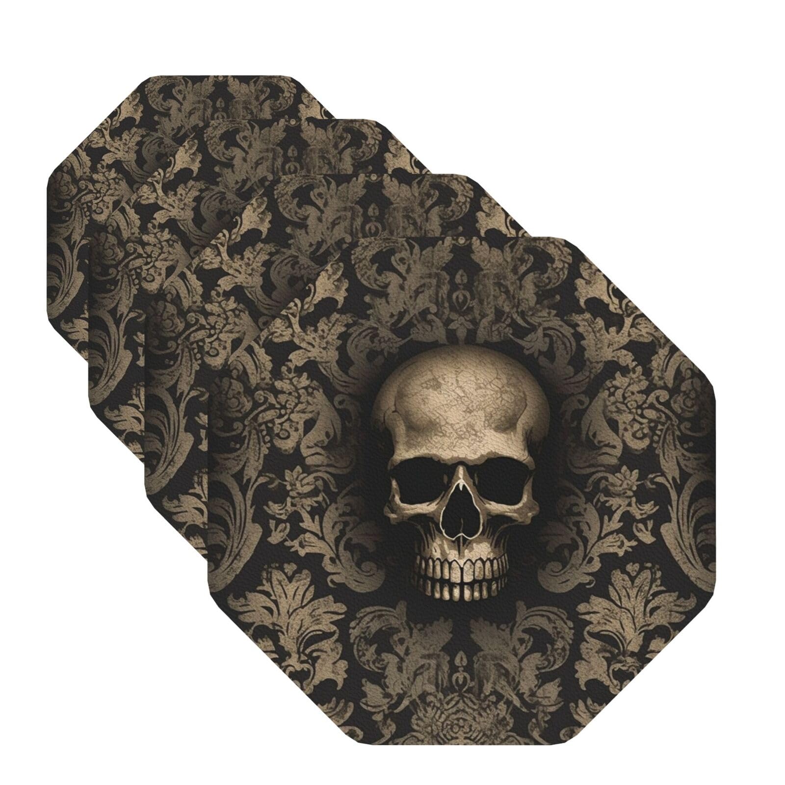 Drinks Coasters Leather Coasters Set Gothic Wallpaper Skull Coffee Cup Mat for Drinks Heat Resistant Tabletop Protection Cup Mat Bar Coasters Cup Coasters for Coffee Table Kitchen Bar