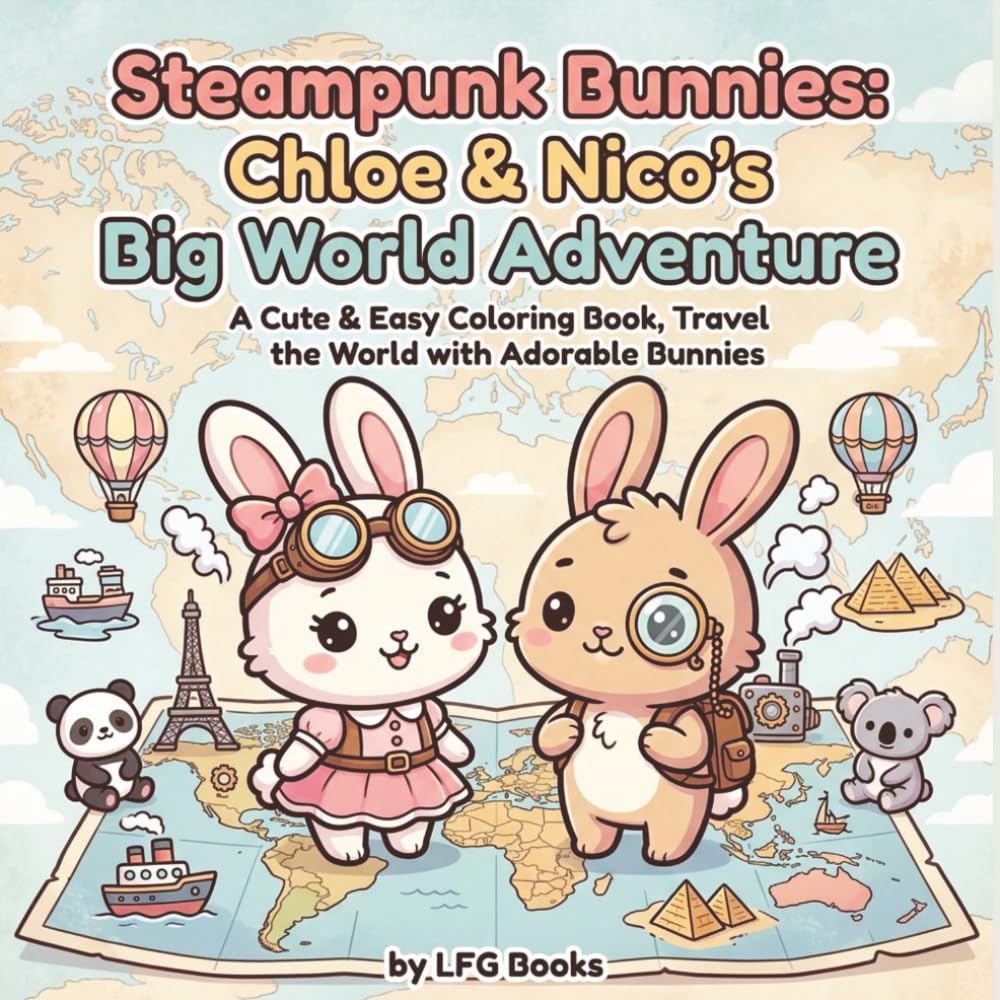 Steampunk Bunnies: Chloe & Nico's Big World Adventure: A Cute & Easy Coloring Book, Travel the World with Adorable Bunnies