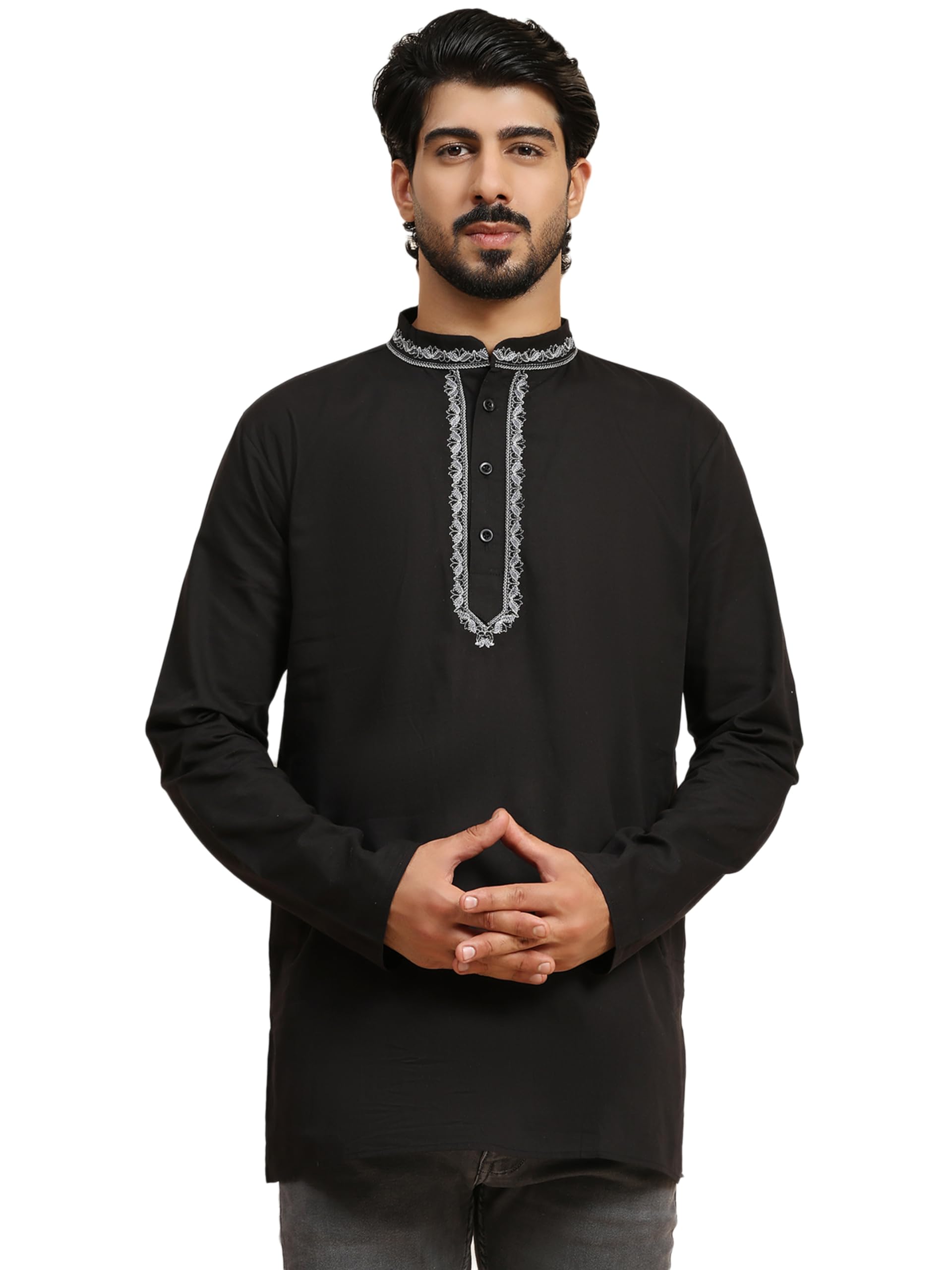 Men's Cotton Embroidered Kurta Long Sleeves Mandarin Collar Helnley Shirt