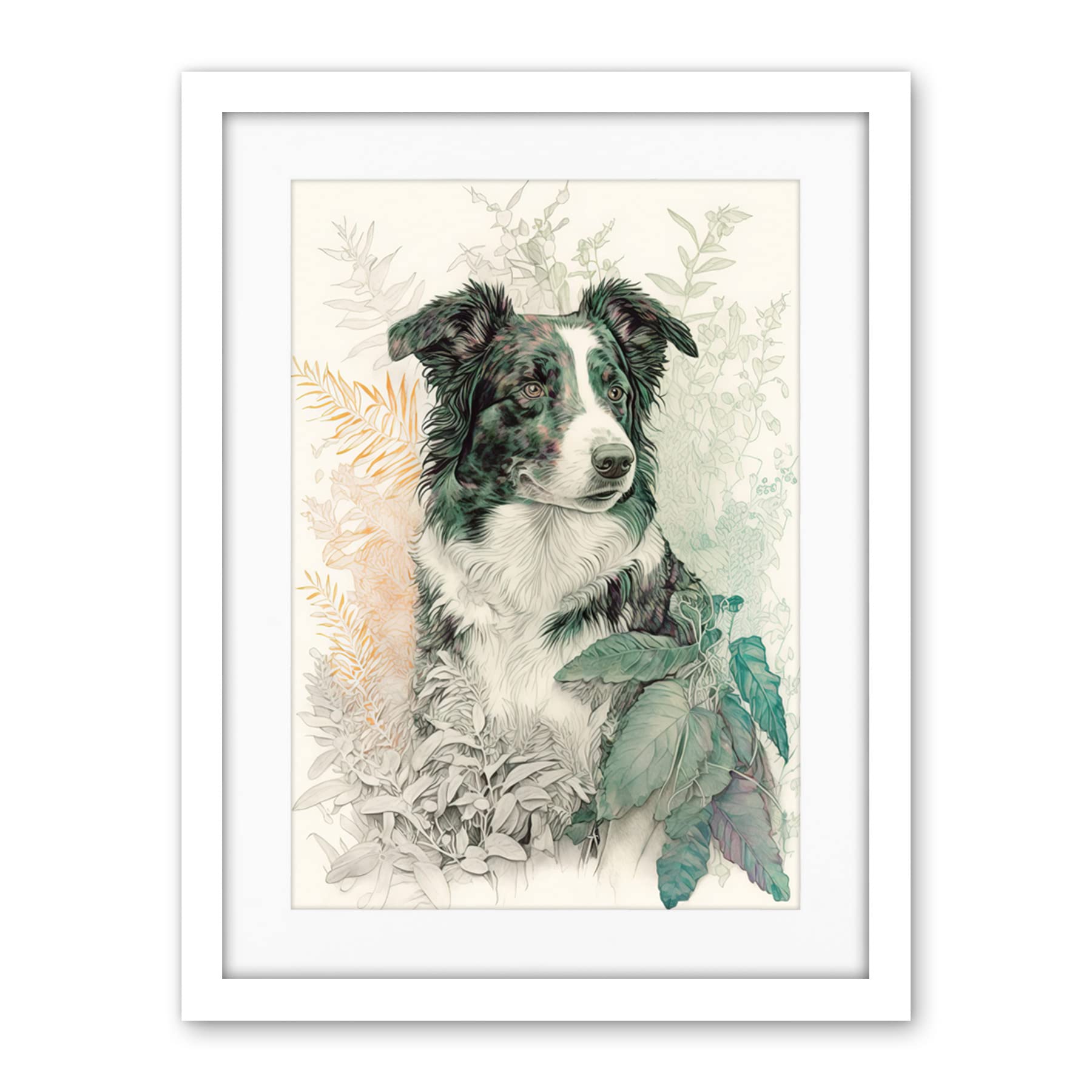 Artery8 Border Collie Dog in Field Modern Colour Pencil Portrait Illustration Artwork Framed Wall Art Print 18X24 Inch