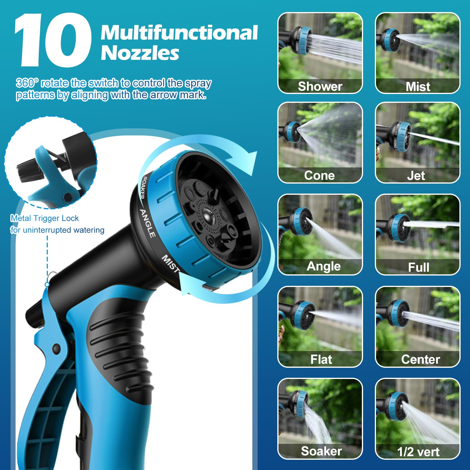 Expandable Garden Hose 100FT, Lightweight Water Hose with 10 Function Nozzle & 3/4" Solid Brass Fittings,Kink Free Retractable Collapsible Flexible Gardening Hose Pipe with Hook and Storage Bag,Blue - 4