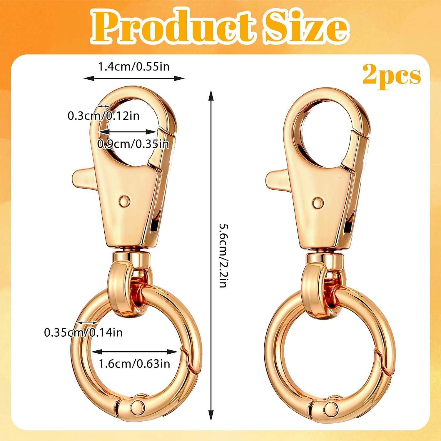 2 Pcs Double Opening Keychain Clip, Heavy Duty Zinc Alloy Swivel Lobster Clasp with Key Ring Spring Snap Hook Purse Clip for Jewelry Lanyard, DIY Crafts Purse Making Camping Travel Accessories (Gold)