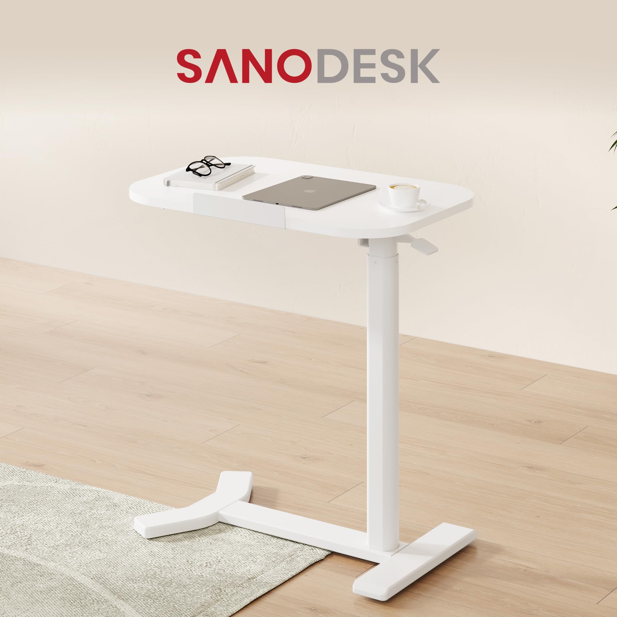 SANODESK Pneumatischer höhenverstellbarer Beistelltisch – 90° klappbare Tischplatte, flexibel als Sofa-, Bett- oder Balkontisch, 65–105 cm, platzsparend & vielseitig(weiß)