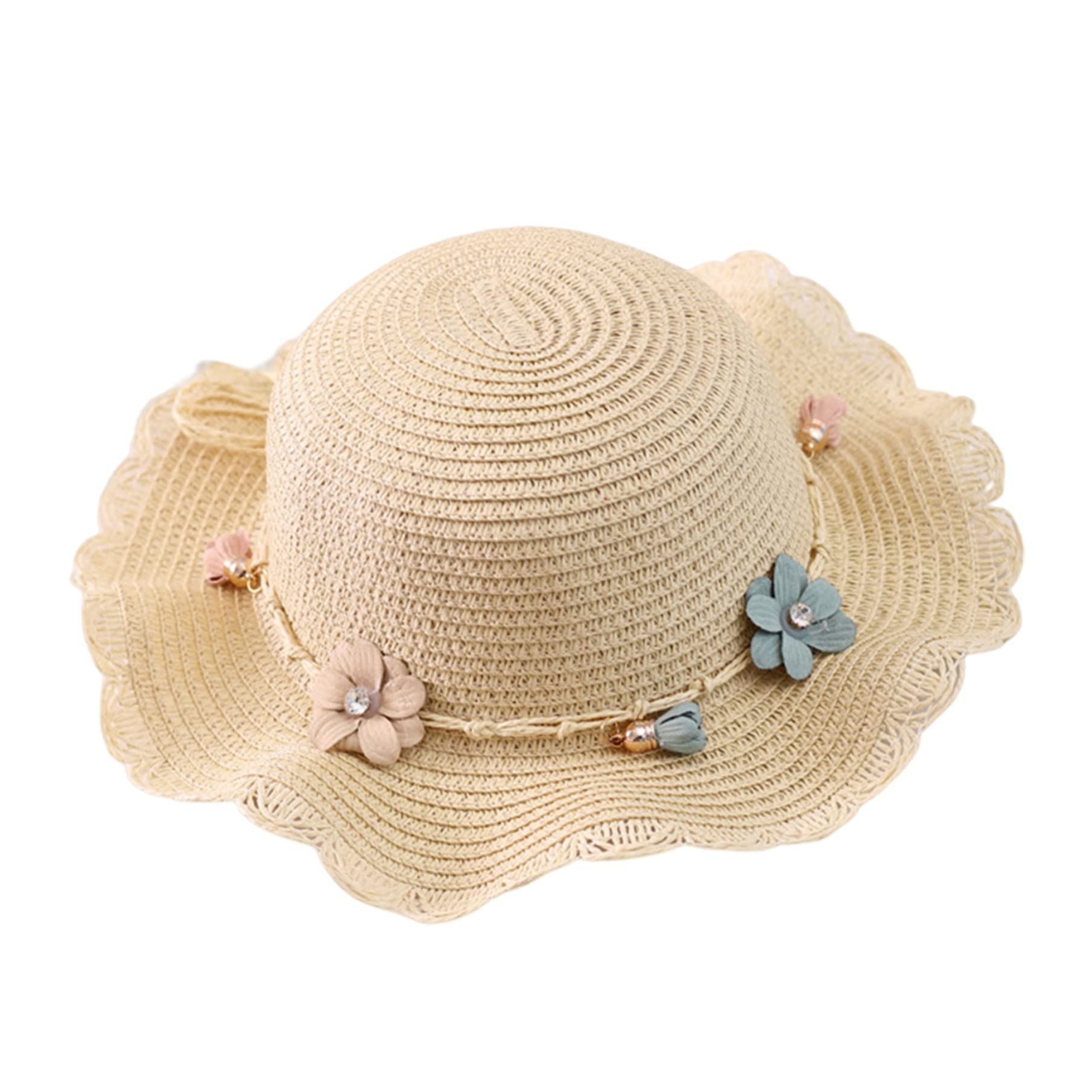 Cappelli da sole per ragazze Cappello da spiaggia estivo Cappello di paglia con fiori Visiera parasole per bambini Vacanze all'aperto Beige ..