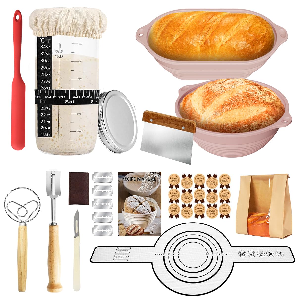 Set Da 10 Cestini Per Lievitazione Pane – Rotondo 23cm E Ovale 26cm In Silicone, Con Raschietto, Panni, Frusta E Tappetino – Ideale Per Pane Fatto In Casa