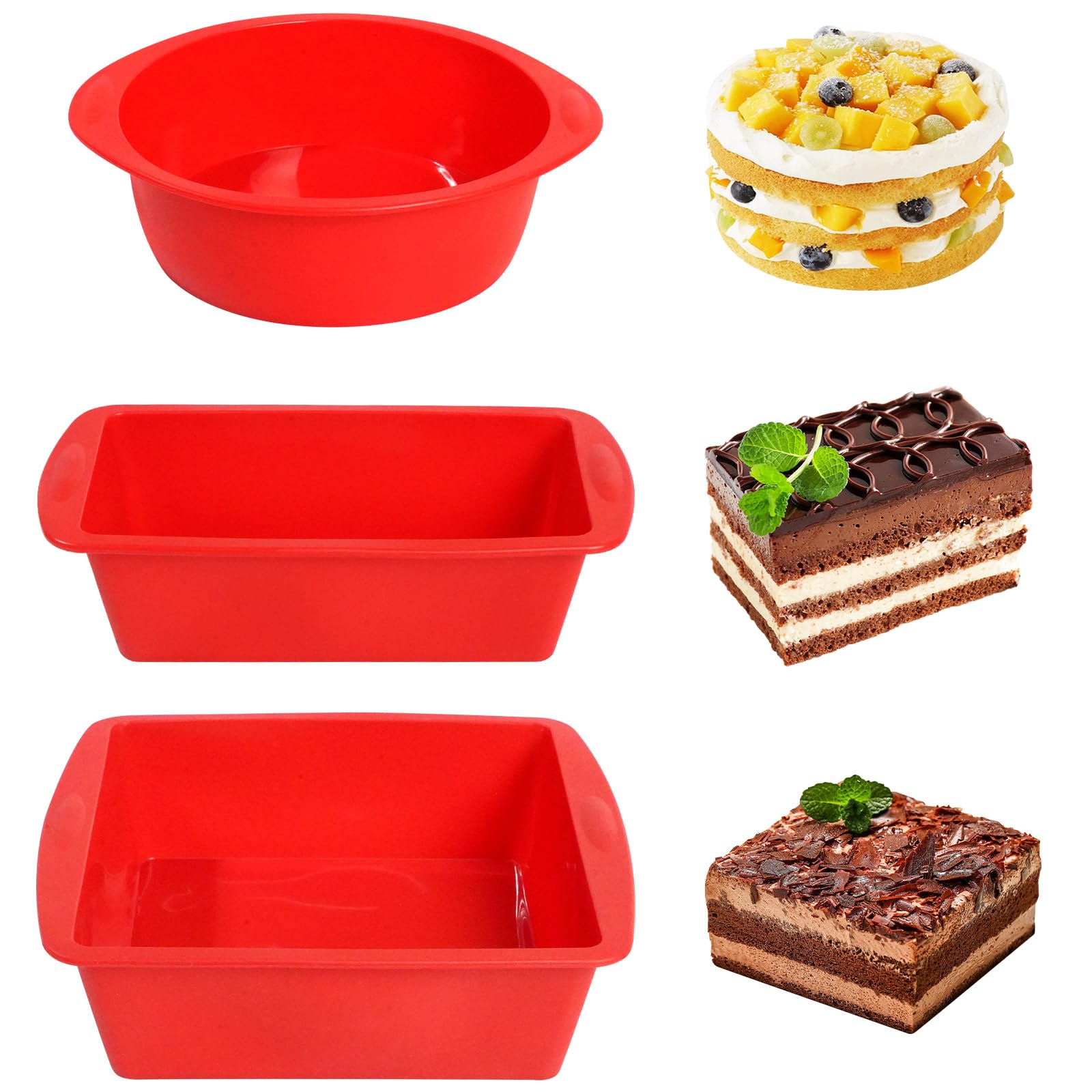 VINATO Silicone Baking Moulds Set, 3 Pieces Non-Stick Baking Moulds, Silicone Round Cake Moulds, Bread Baking Moulds, Silicone Moulds Baking for Brownie, Cake, Bread, Quiche, BPA-Free, Red