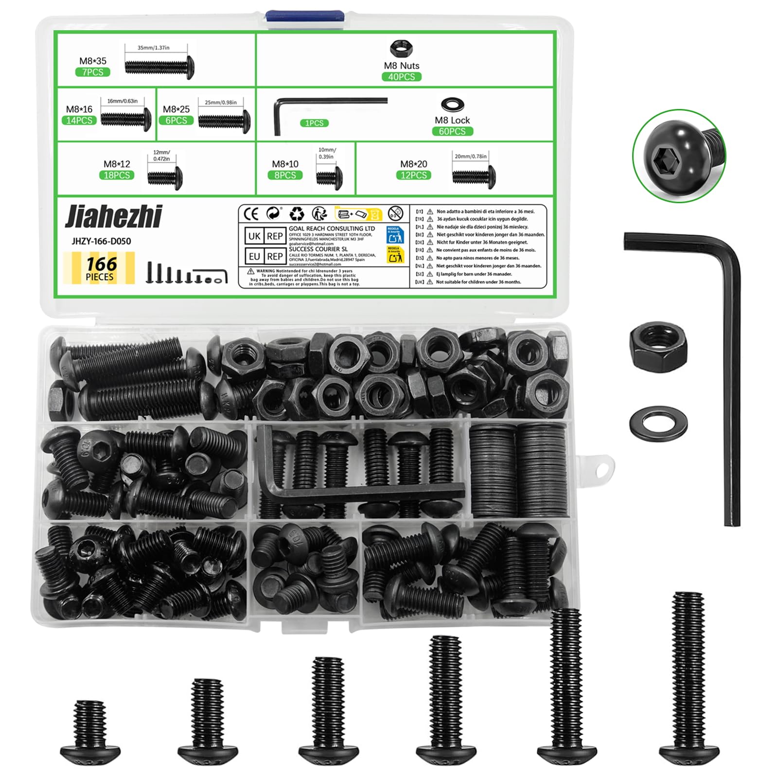 166 Pcs M8X10/12/16/20/25/35 Bolts and Nuts Set, Round Head Hexagon Socket Screws with Washers, Black Hex Socket Button Head Cap Machine Screws Kit for DIY, Home Improvement & Maintenance