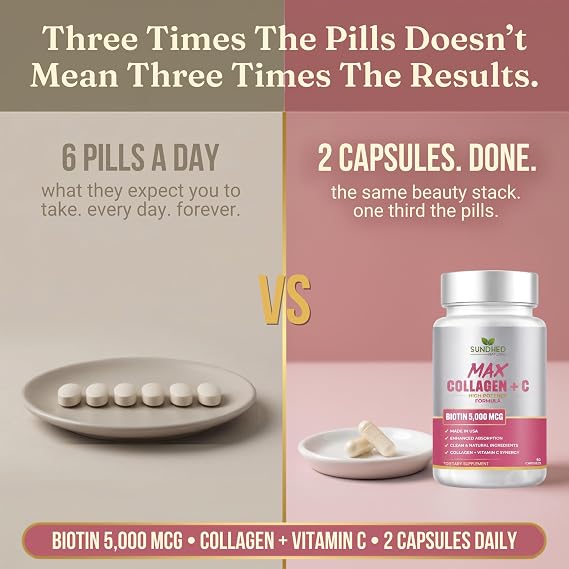 Max Collagen Plus C (60 caps) - All Natural Collagen Capsules with Biotin & Bioperine to Boost Anti Aging Hydration & Skin Firmness - Collagen Pills to Strengthen Bones & Nails