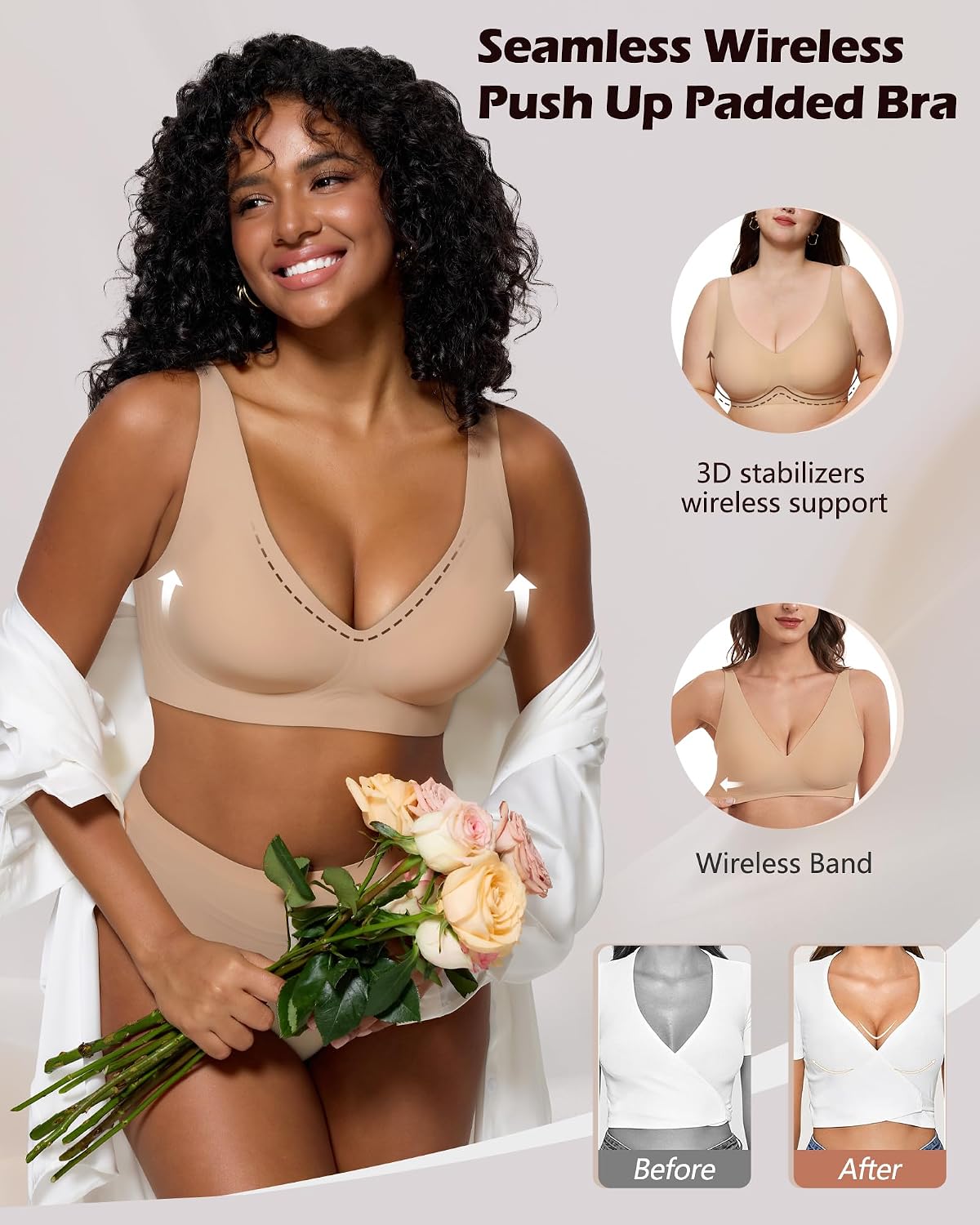As Fairy Womens Deep V Wireless Comfortable Bra Support Lift No Underwire Plunge Tshirt Bralettes Push Up Seamless Bras