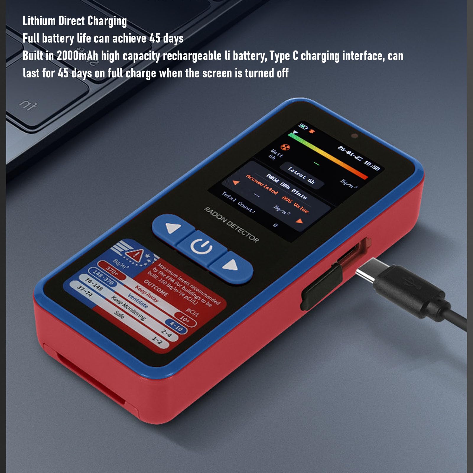Rilevatore di Radon, Monitor di Radon con Portata 3,3-37k Bq/m, Sensore di con Batteria da 2000 MAh e Archiviazione Dati per 504 Giorni, Ideale per l'uso nel Seminterrato di Casa