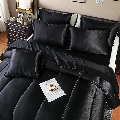 Miniatura 3 de Bedding_Dreamer Juego de edredón sedoso negro de satén en una bolsa, 8 piezas de ropa de cama sedosa de hotel de lujo con 1 edredón, 1 sábana