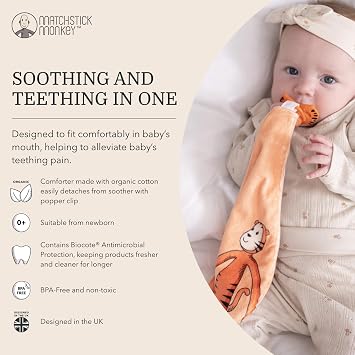 Matchstick Monkey All in One Soother, Teether and Comforter - Orthodontic Teat & Antimicrobial Protection, Suitable from Newborn, Teddy Tiger
