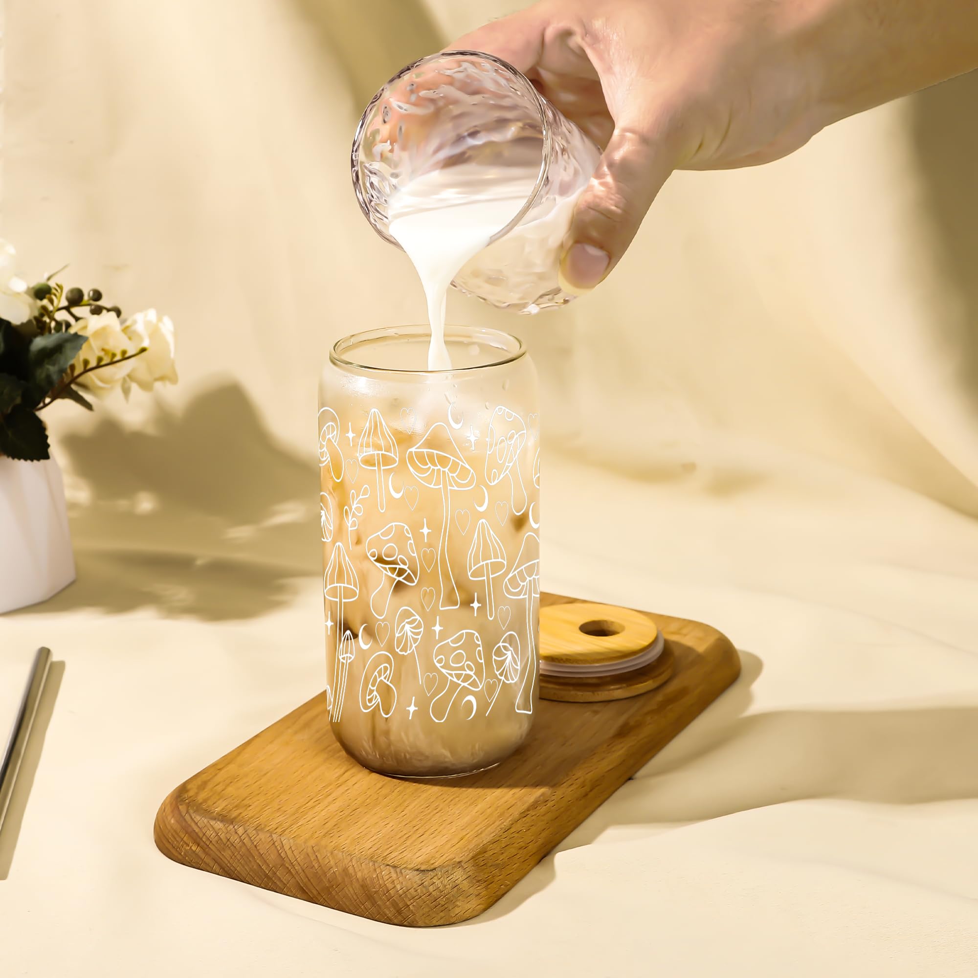 Richeotai Mushroom Coffee Glass - 16oz Cute Mushroom Cup With Bamboo Lid & Straw, Gift For Women