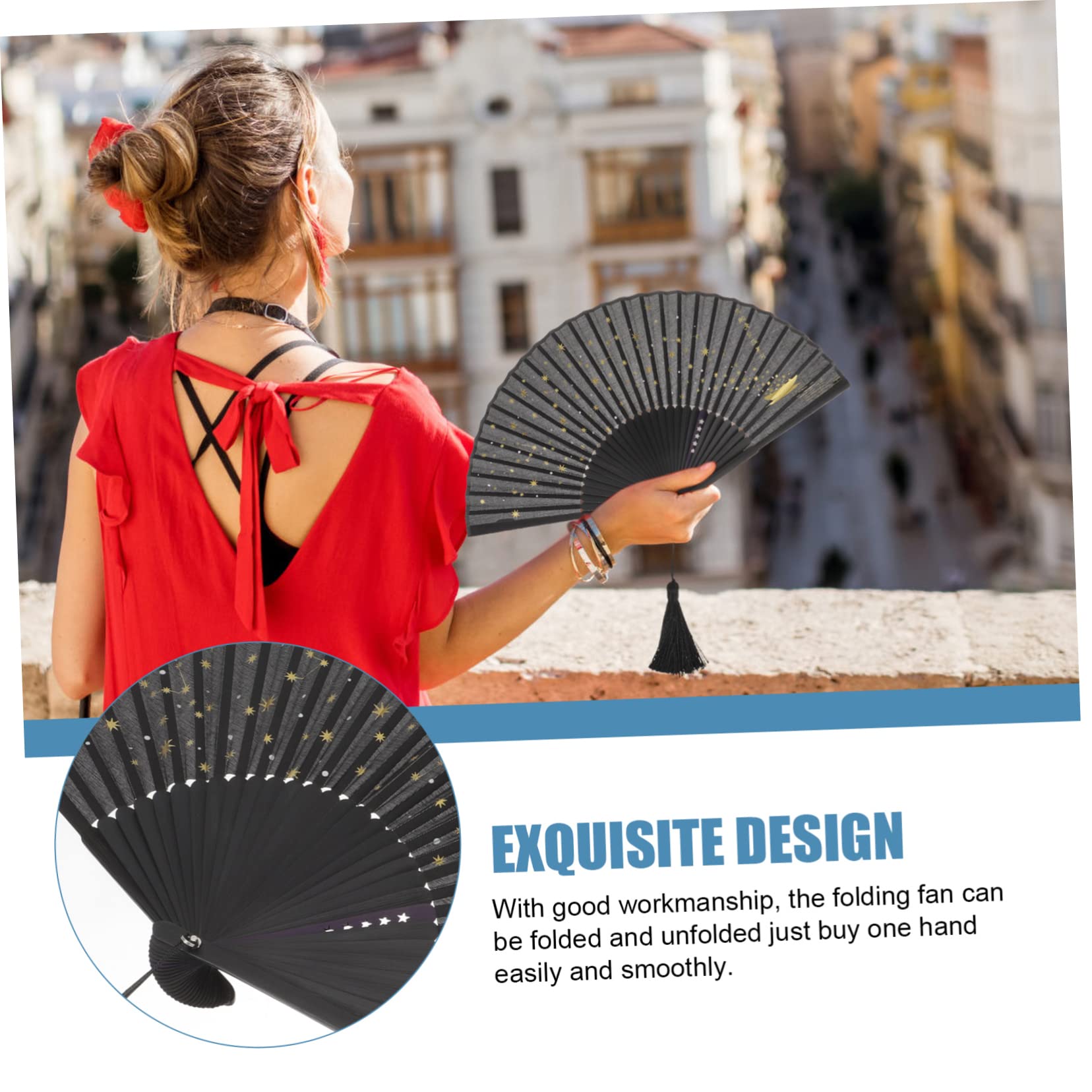 Folding Hand Fan with Delicate Pattern Chinese Style Portable Lightweight for Weddings Parties Dancing and Travel Elegant Bamboo Design with Tassel