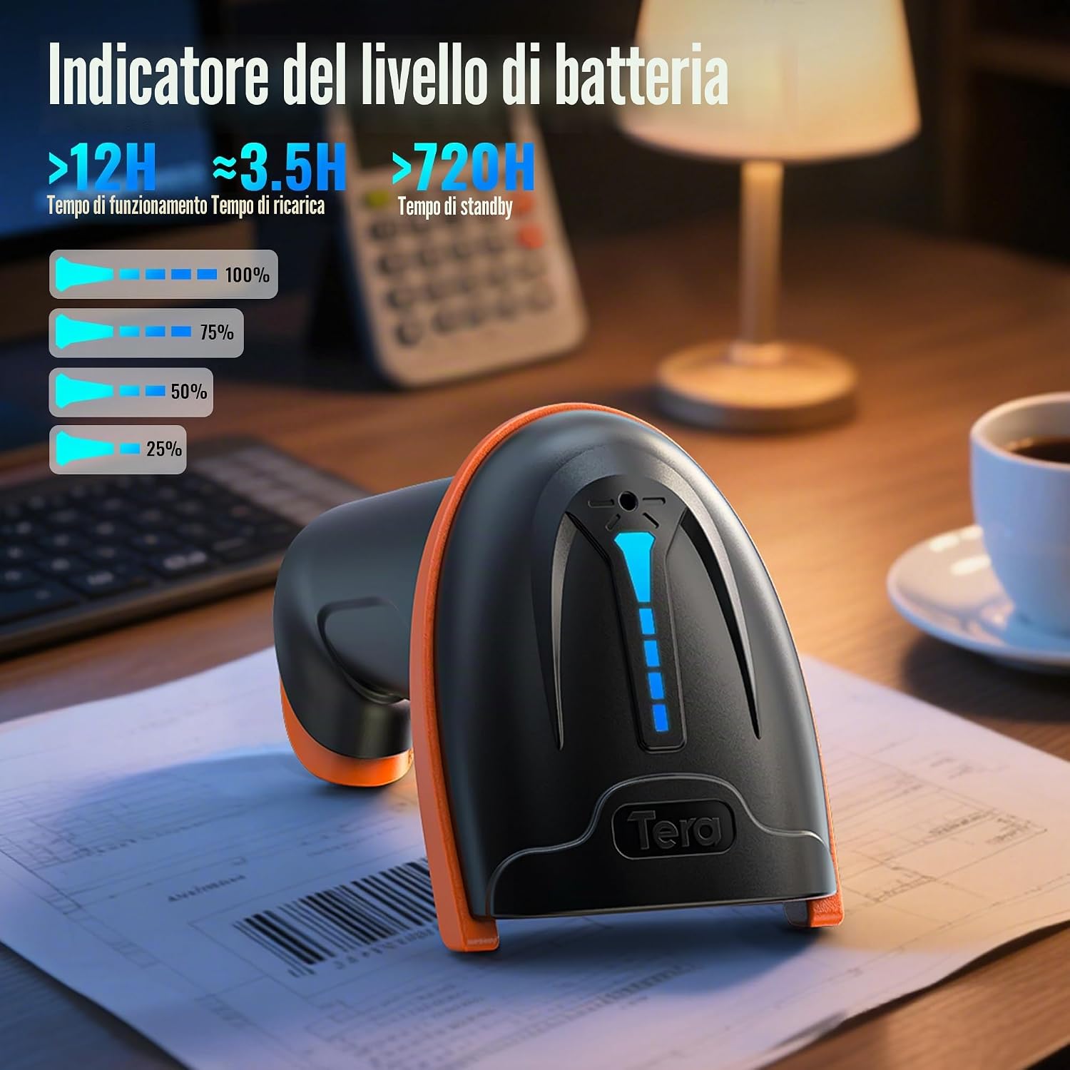 Tera D5100 Barcode Scanner connected via USB cable and showing a 2.4GHz wireless USB receiver, illustrating two connectivity options.