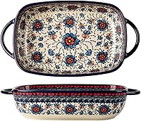 Bicuzat Vintage Ceramic Casserole Dish - 60 OZ Lasagna Pan with Floral Handles, Oven Safe Bakeware for Family Meals