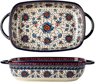 Bicuzat Vintage Ceramic Casserole Dish - 60 OZ Lasagna Pan with Floral Handles, Oven Safe Bakeware for Family Meals
