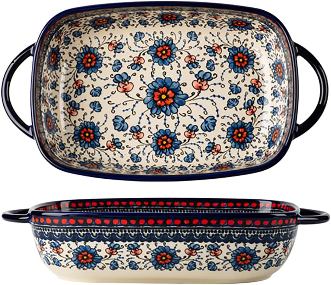 Vintage Style Pottery Bakeware Ceramic Casserole Dish Baking Pan Lasagna Pans Baking Dish with Handles for Oven/Cooking/Kitchen-1 PCS, Large Capacity, 60 OZ