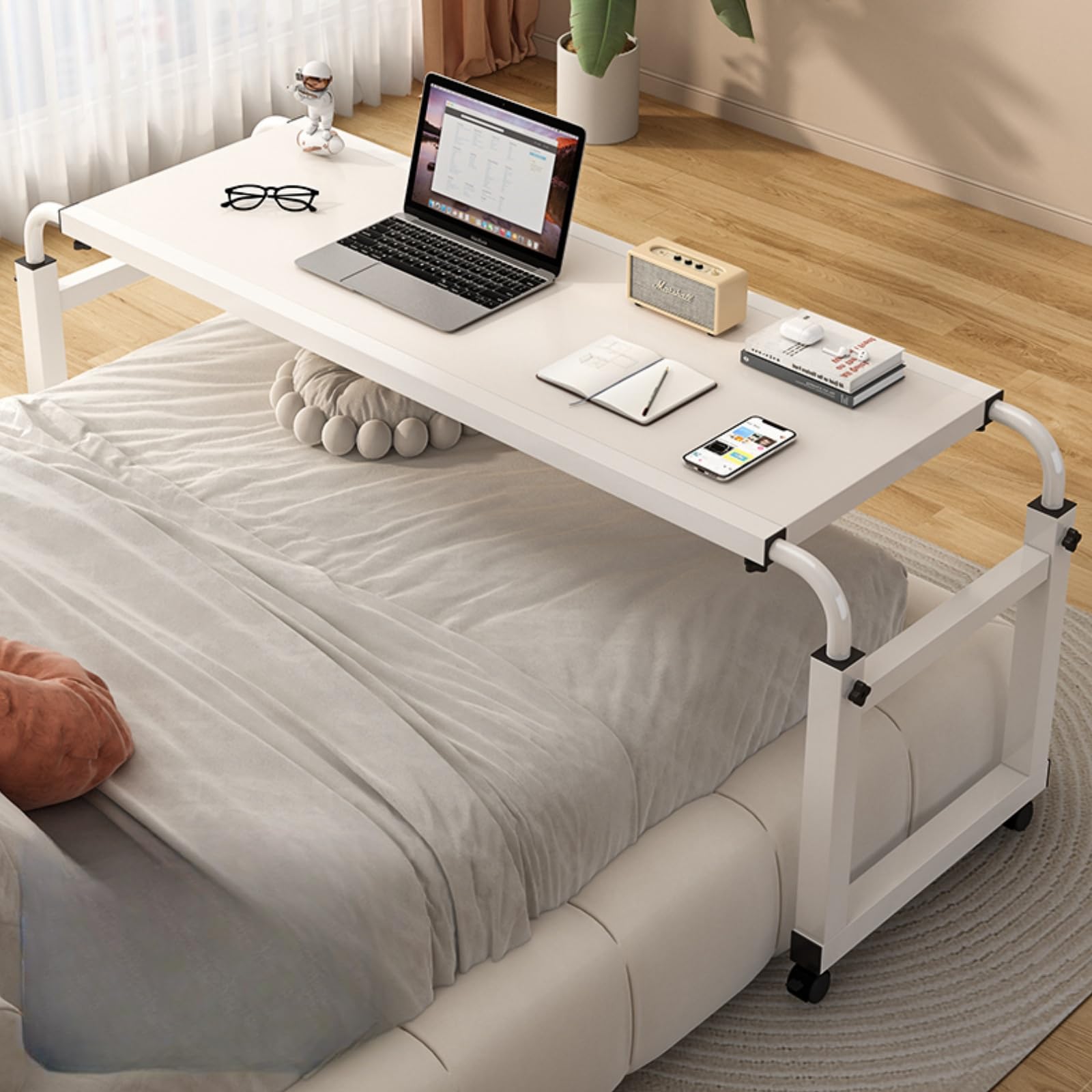 SXZenSpace Over Bed Table Adjustable Height Over-Bed Tables Overbed On Wheels With Chair for Disabled 100cm white/nobaffle