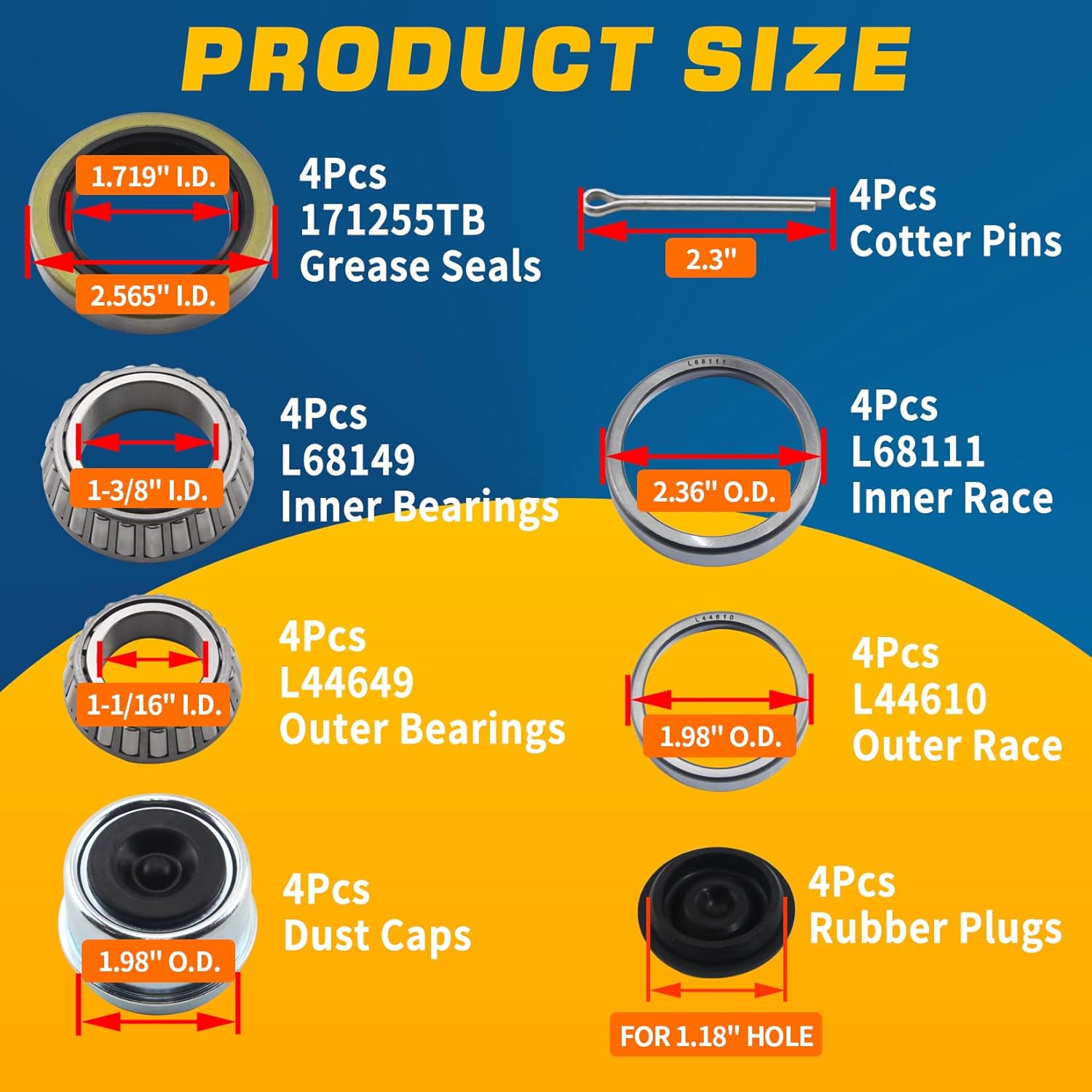 4Sets L68149 L44649 Trailer Axle Hub Bearings Kit with 171255TB Grease Seals, 1.98'' Trailer Dust Caps & Cotter Pins for 3500 lbs 1-3/8'' to 1-1/16'' #84 Spindle