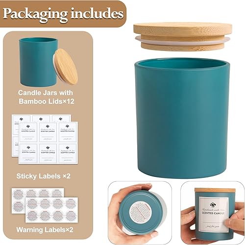 Miniatura 3 de CONNOO Paquete de 12 tarros de vela de vidrio negro mate de 10 onzas para hacer velas con tapas herméticas de bambú, bonitas etiquetas de