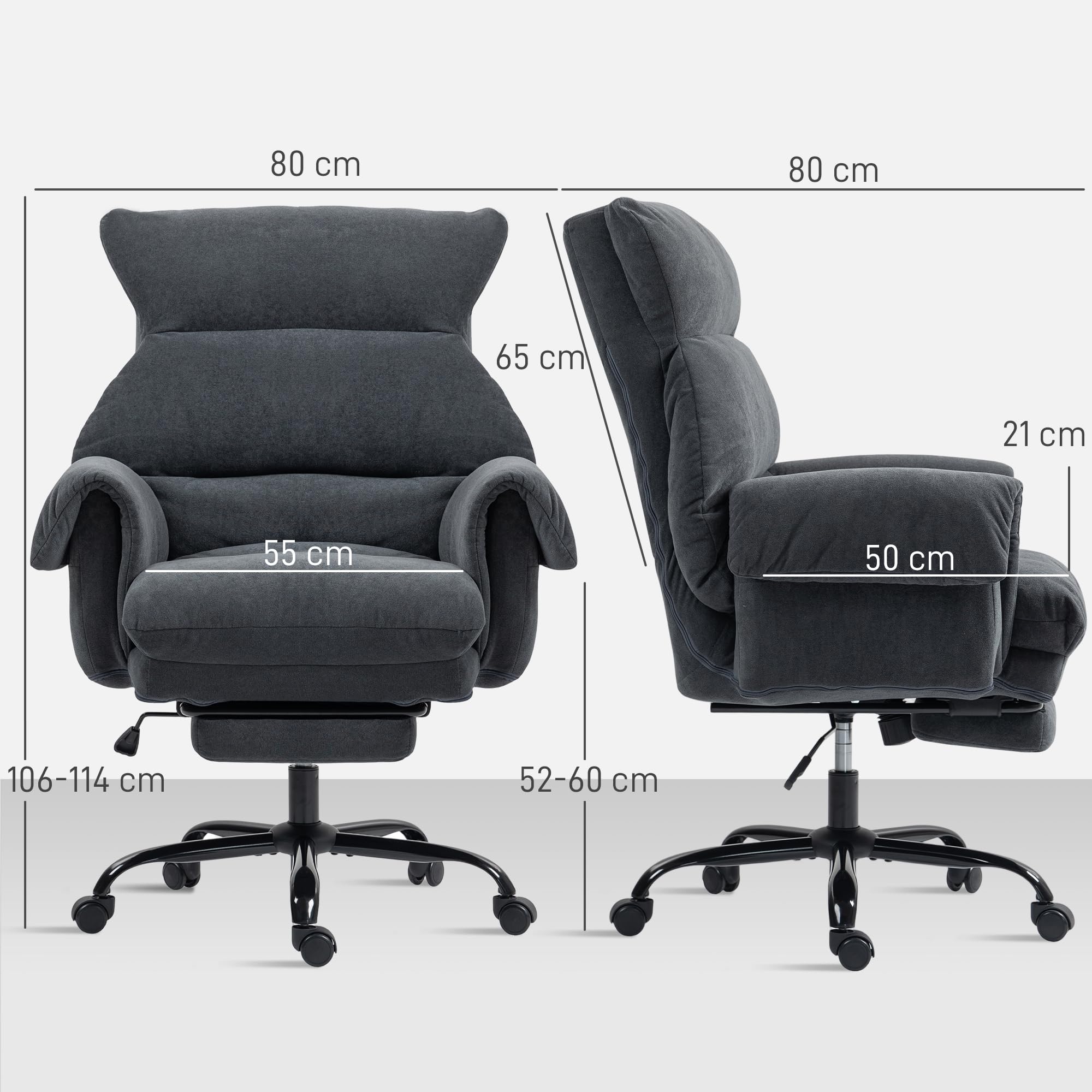 HOMCOM Silla de Escritorio con Reposapiés, Silla de Oficina Giratoria, con Respaldo Reclinable y Alto, Asiento y Reposabrazos Anchos, Acolchado Grueso, Tapizada en Terciopelo, Altura Ajustable, Gris