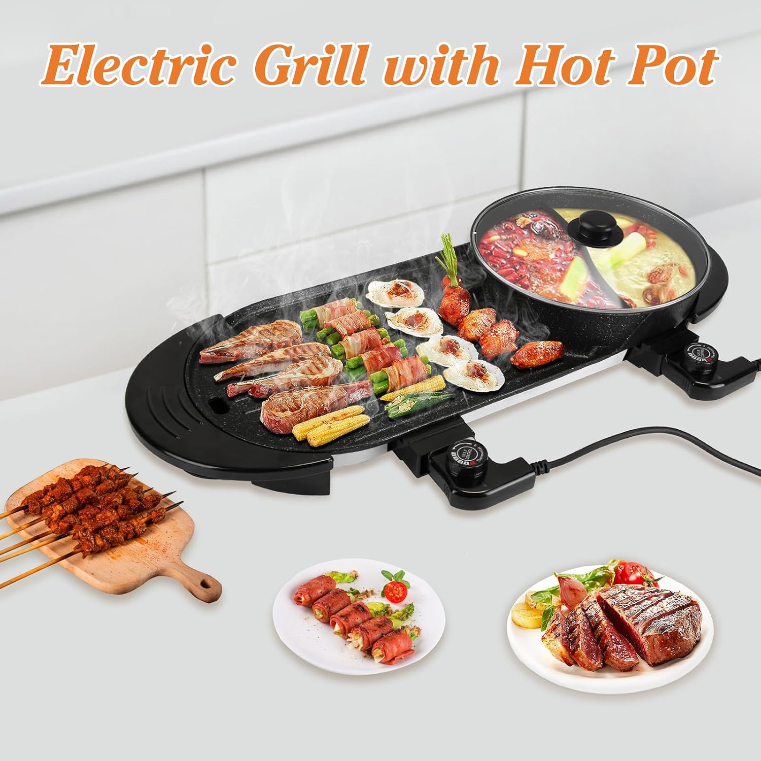 Electric Hot Pot with Grill, Indoor Smokeless Non-Stick Korean BBQ Grill Cooker, Shabu Shabu Hot Pot with Divider Independent Temperature Control 5 Gears Firepower, for 2-8 People