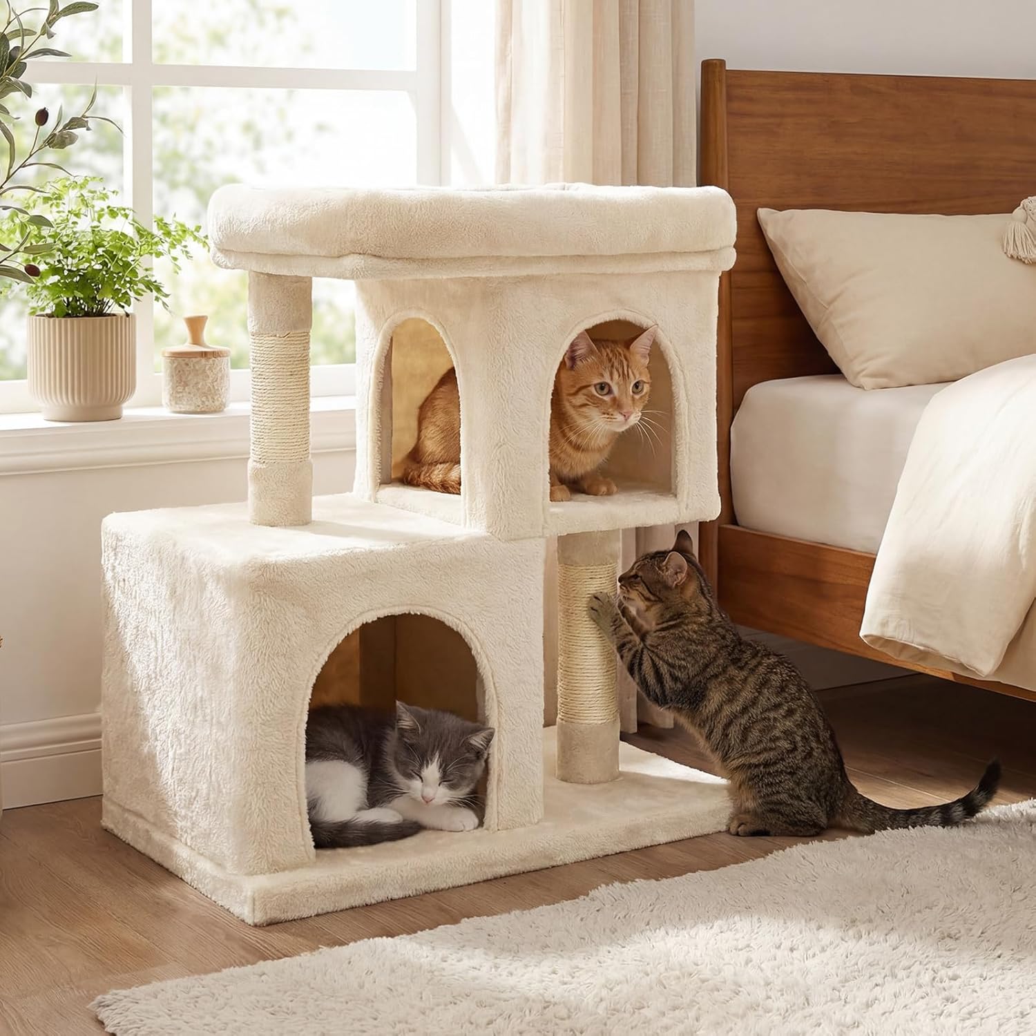 DORTALA Cat Tree for Indoor Adult Cats & Kittens, 25.5" Modern Cat Tower with 2 Condos, Top Perch, 3 Caves, Sisal Scratching Post, Pet Climbing Furniture Activity Center (Beige)