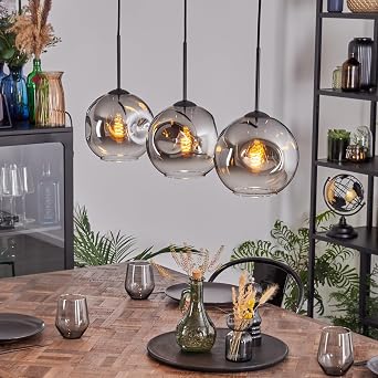 HOFSTEIN Ripoll Pendant Light, 3-Bulb Pendant Lamp Made of Metal/Glass in Black/Chrome/Smoke/Clear, Modern Pendant Light in Retro/Vintage Design Shade Diameter 20 cm, E27, Dining Room, Living Room,