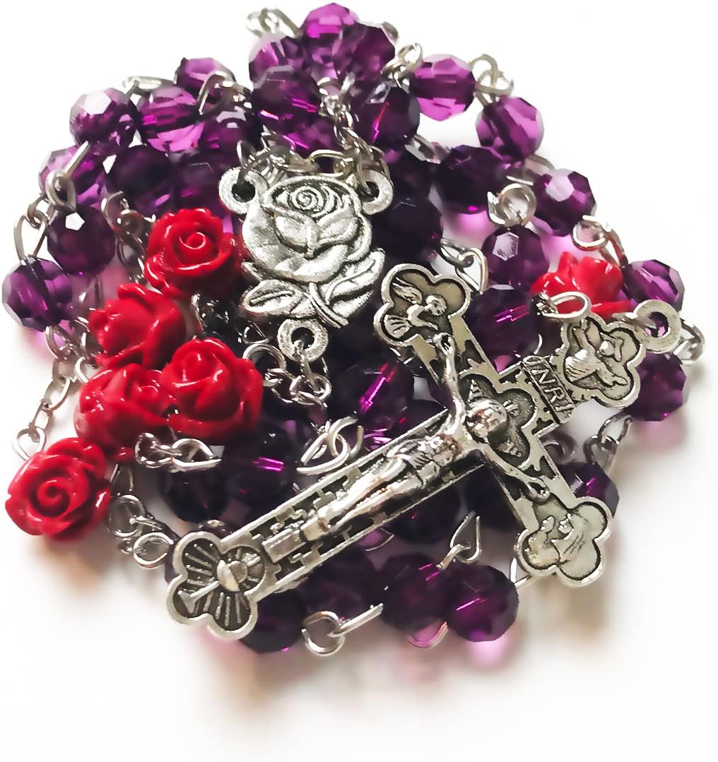 Lourdes Purple Crystal Cut Red Rose Rosary Beads Catholic for Women - Catholic Gifts - Rosary Necklace for Women - Image 3