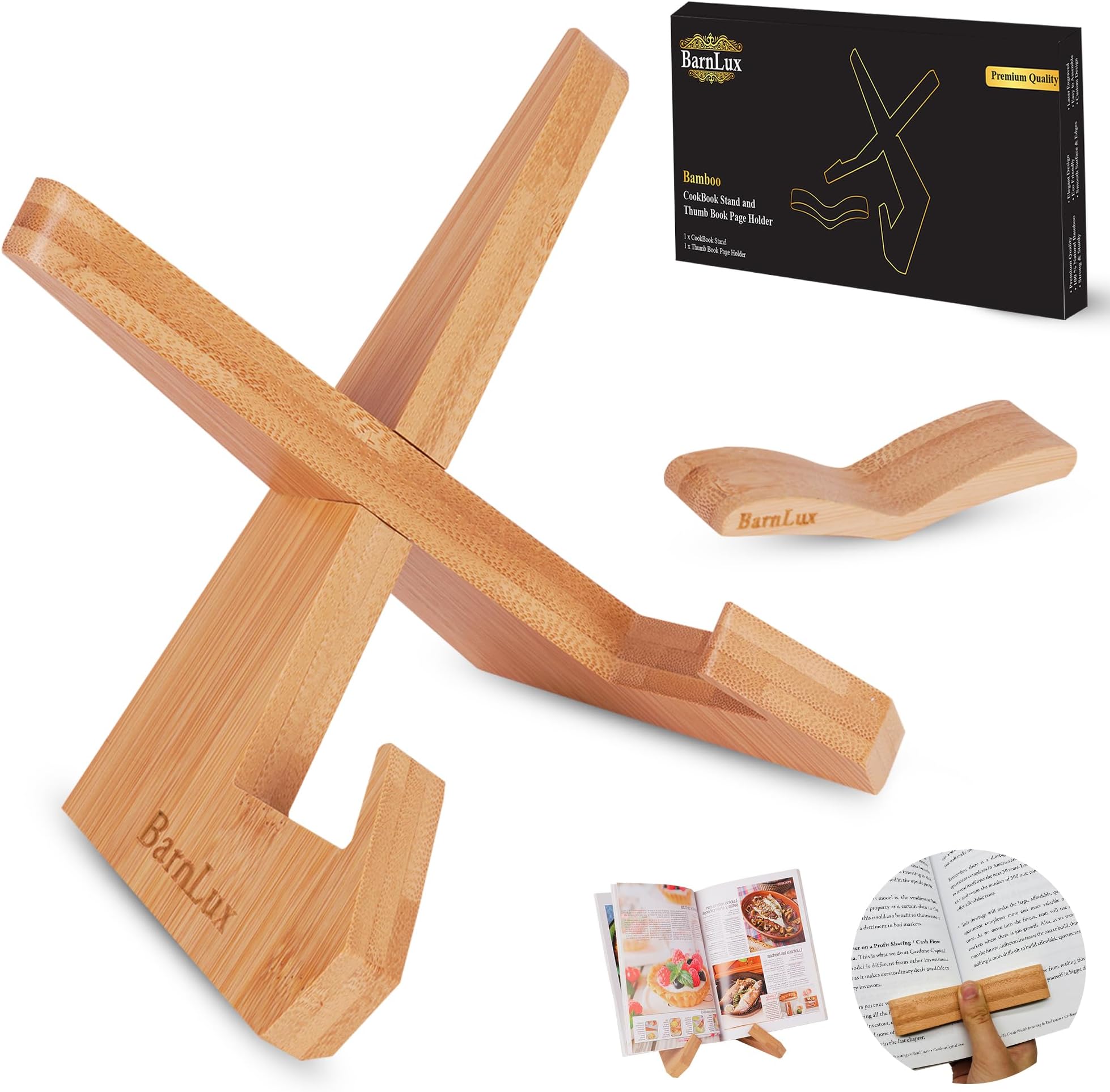 2 in 1 Cookbook Stand with Thumb Book Page Holder | Cookbook Stand for Kitchen Counter, Book Reader, Recipe Book Holder | Multifunctional Display Stand, Wooden Plate Holder Display Stand