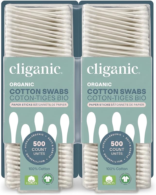 Hastes de algodão orgânico Cliganic com hastes de papel, 500 unidades — Pacote com 2