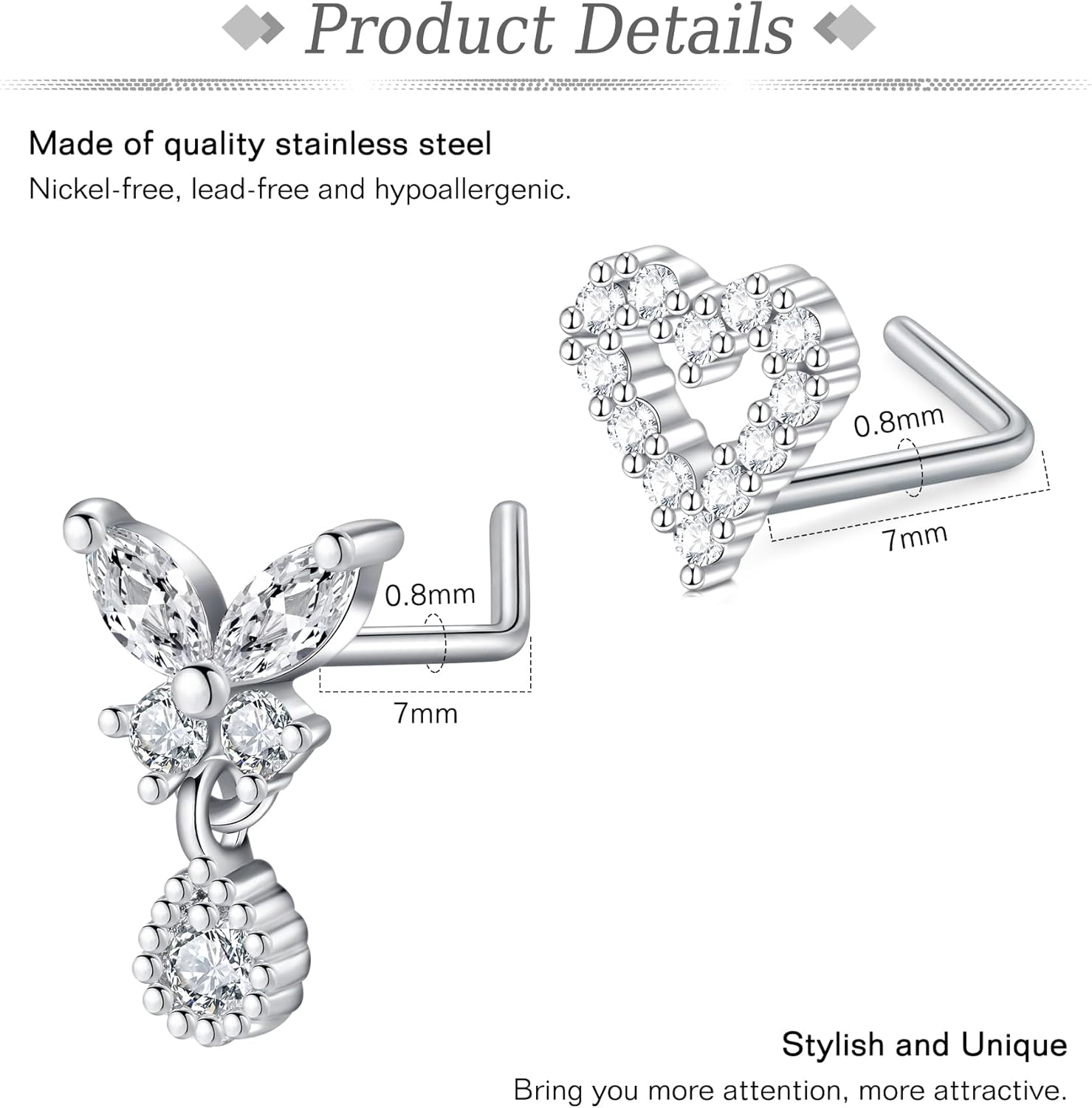 JFORYOU 20G Nose Studs Nose Rings Hoop Surgical Steel CZ Opal Nose Rings Piercings Hoop Jewelry Various Style and Color - Image 3