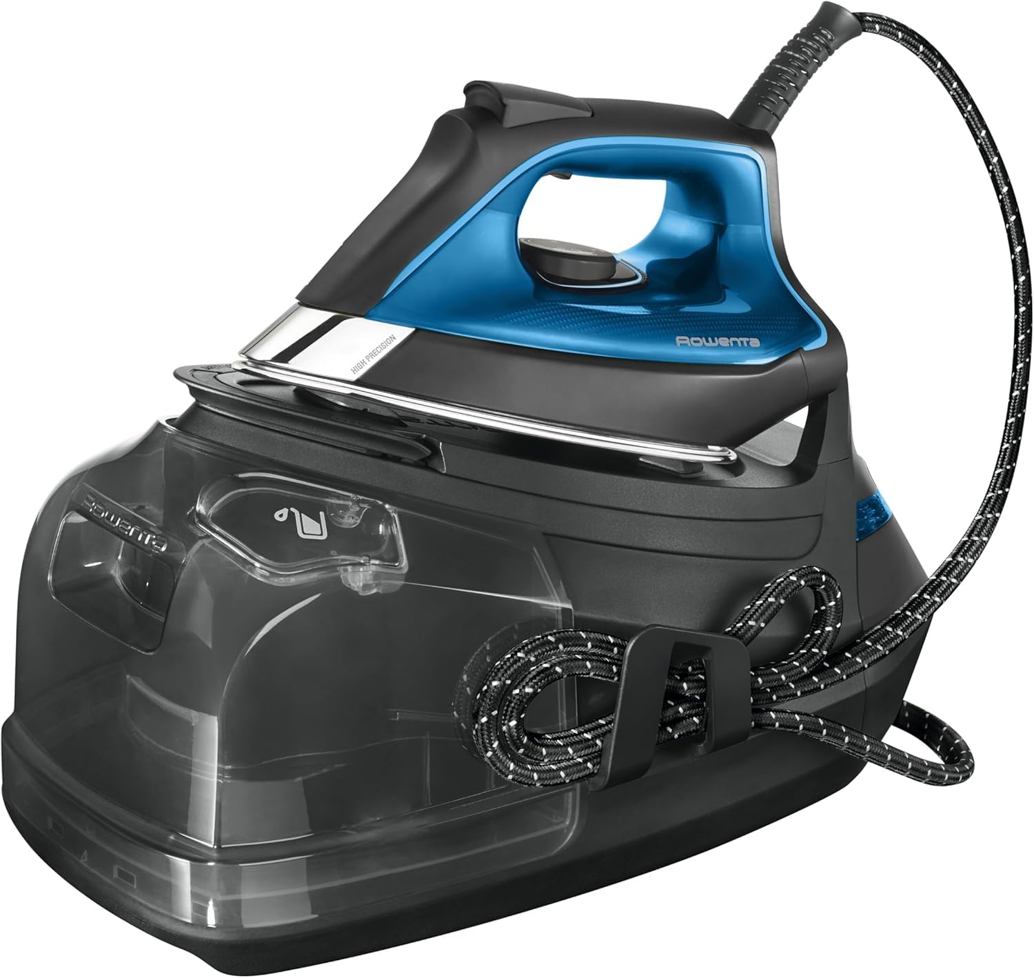 Rowenta Silence Steam Pro DG9160 Centro de planchado vertical, 7.5 bares, golpe de vapor de 480g/min, tecnología silenciosa, desinfecta, vapor con caldera, Color Gris y Azul
