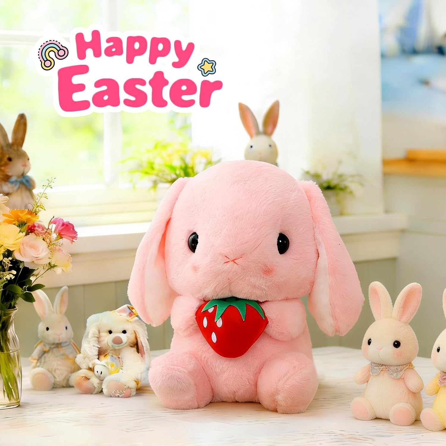 HOUPU Soft Toy - Sitting Lop Eared Rabbit, Easter White Rabbit Stuffed Bunny Animal with Carrot Soft Lovely Realistic Long-Eared Standing Pink Plush Toys (Pink-Strawberry,12.5in/32cm)
