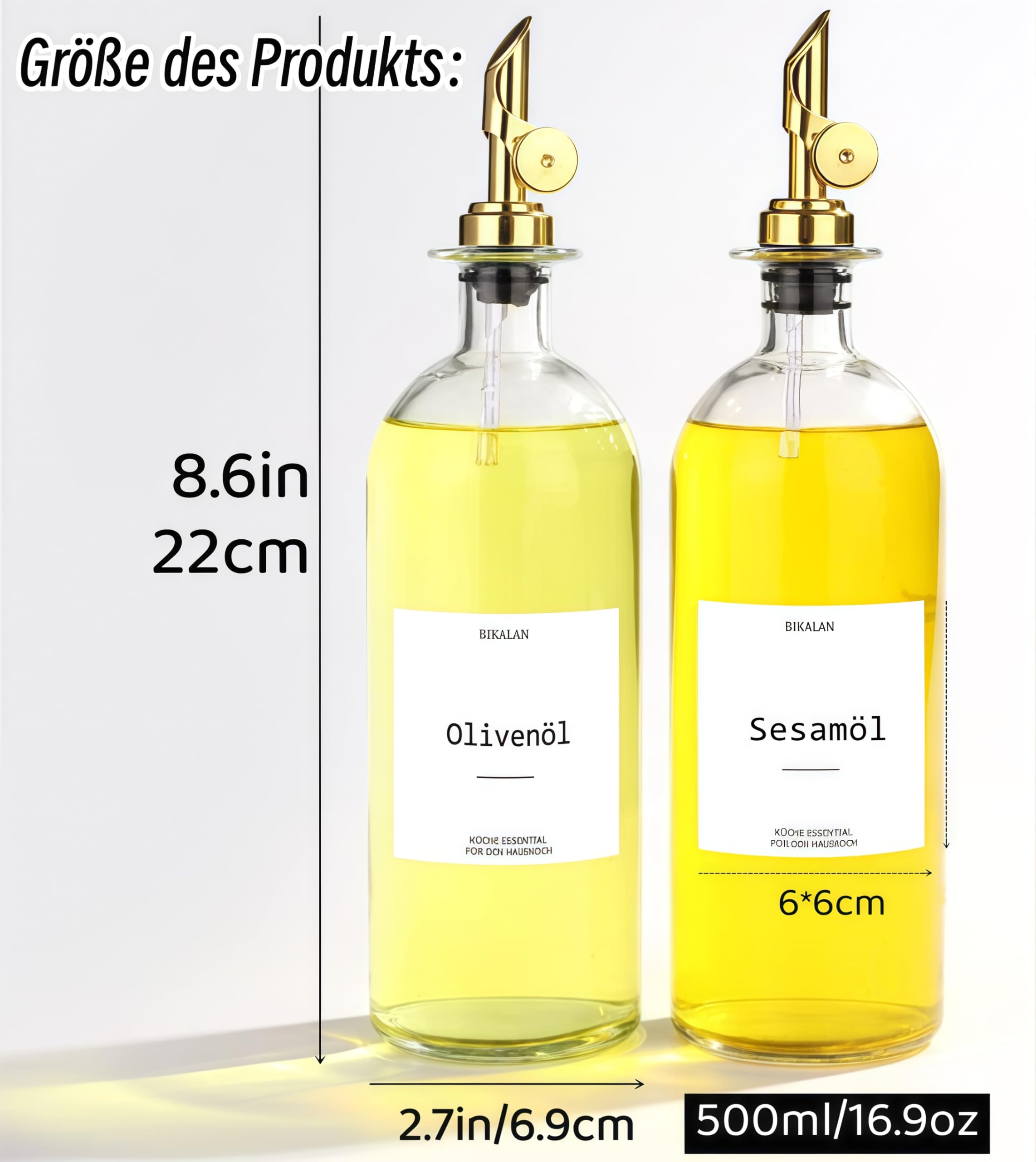 BIKALAN Set di bottiglie di aceto e olio, 500 ml, dispenser per sciroppi di caffè, erogatore di olio, sciroppo di caffè, apertura e chiusura automatica, con 22 adesivi, imbuto