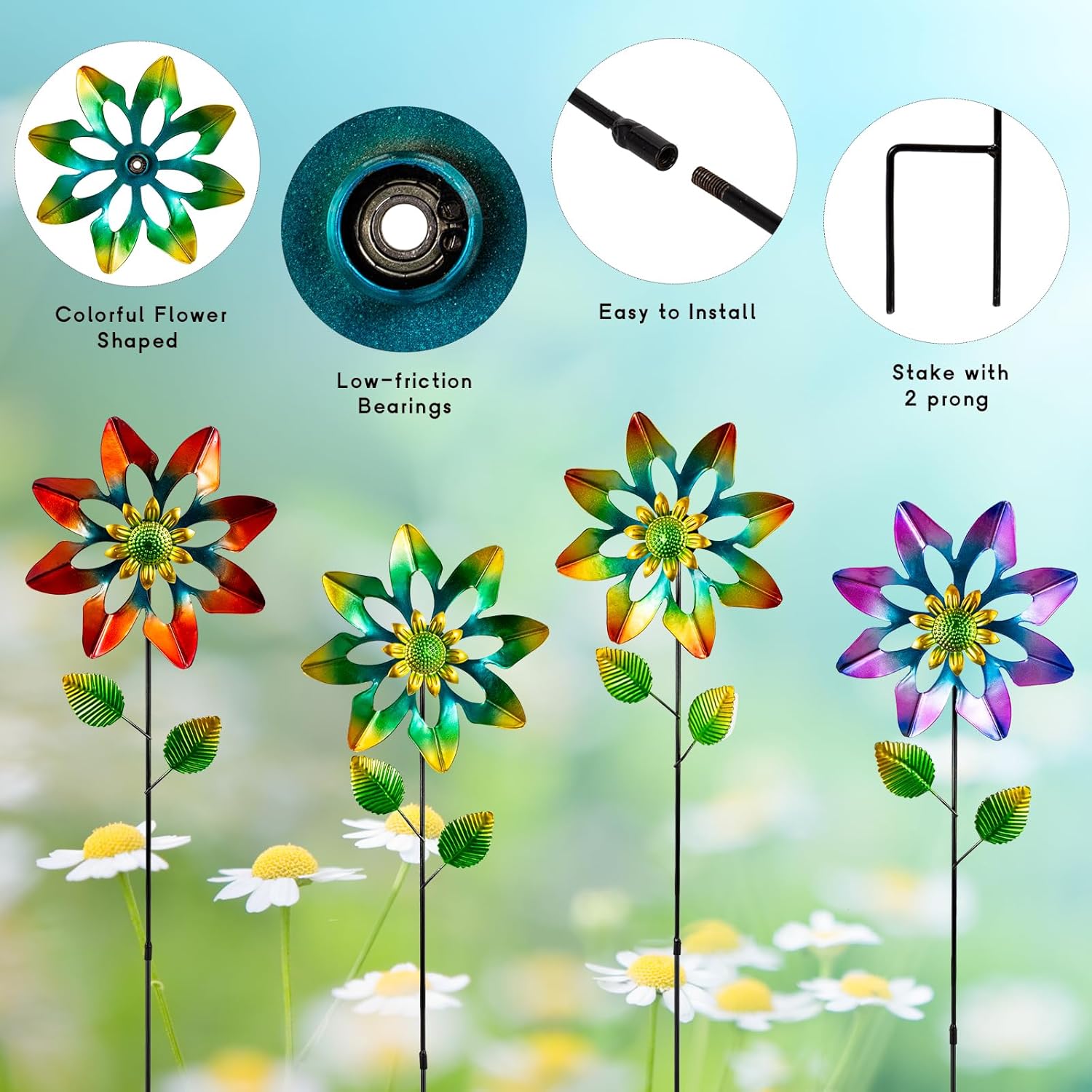 4 Pack Wind Spinners Outdoor, Colorful Small Flower Windmill, Metal Pinwheels Decorative Garden Stakes for Yard Patio Lawn Garden Decor, 27 x 7 Inches