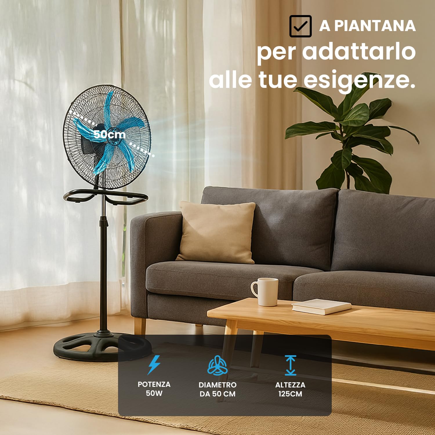 Wintem - Ventilatore 3 in 1 da Tavolo, Parete o Piantana con Oscillazione, Struttura in Acciaio, 50W, Altezza Regolabile, 3 Velocità e Pale da 50 cm per Raffrescamento Versatile
