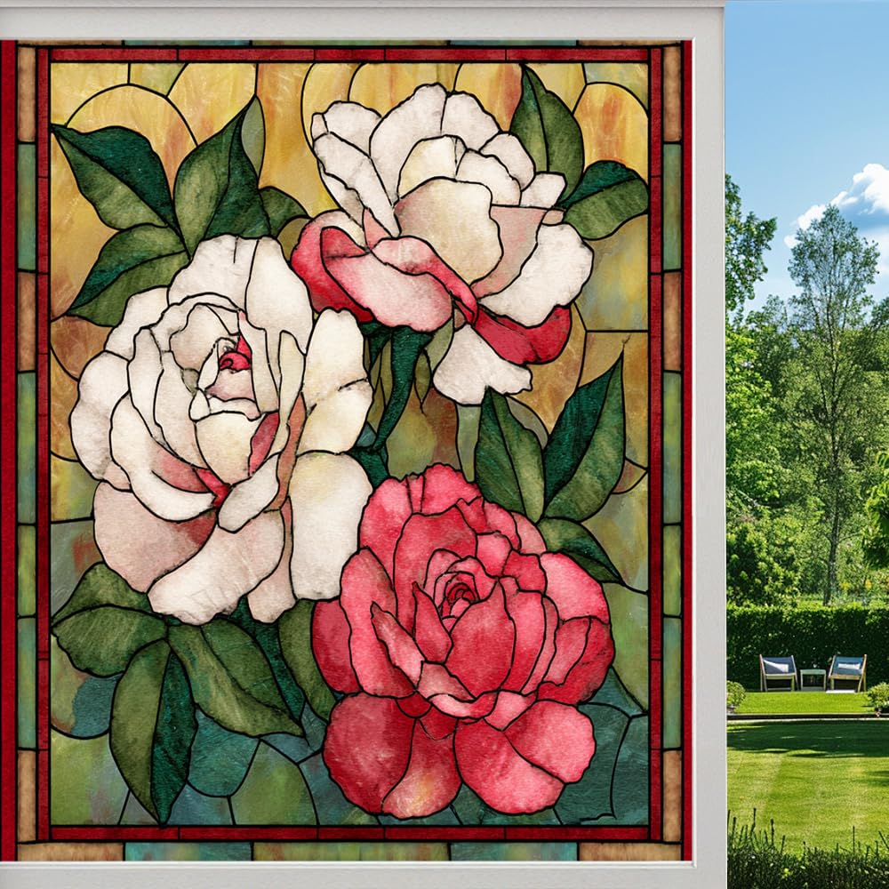 Dreamy Rose Privacy Window Film, Natural Garden Plants Flower Frosted Self-Adhesive Vinyl Cling for Glass Doors Bathroom Windows Sun Blocking Heat Control, （60x90cm）