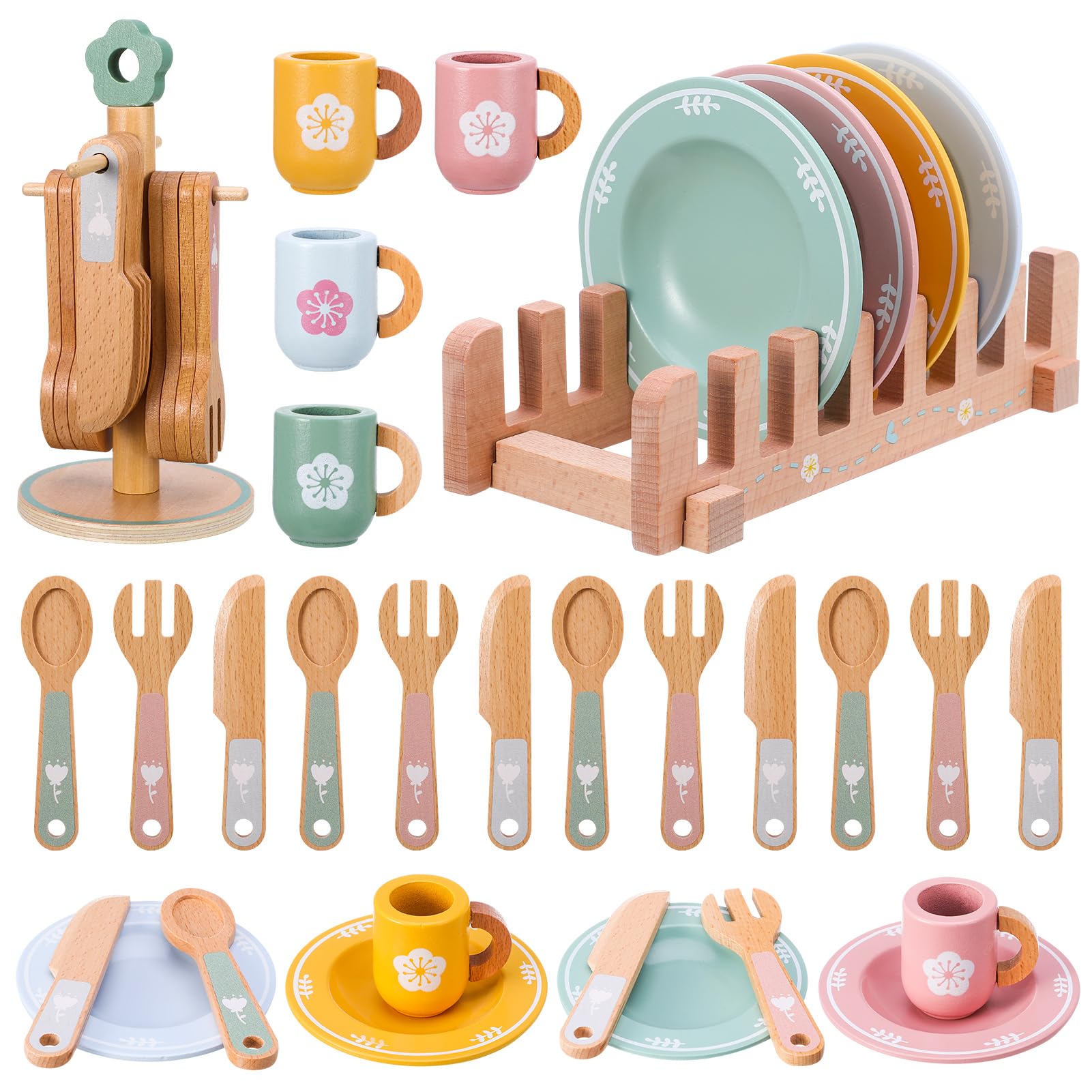 Wooden Kitchen Toys,22 Pcs Kid Wooden Dinnerware Toy Set,Wood Kids Kitchen Playset,Funny Toddler Kitchen Toy Children Kitchen Cutlery and Plate Toy Set for 3-5 Years Old